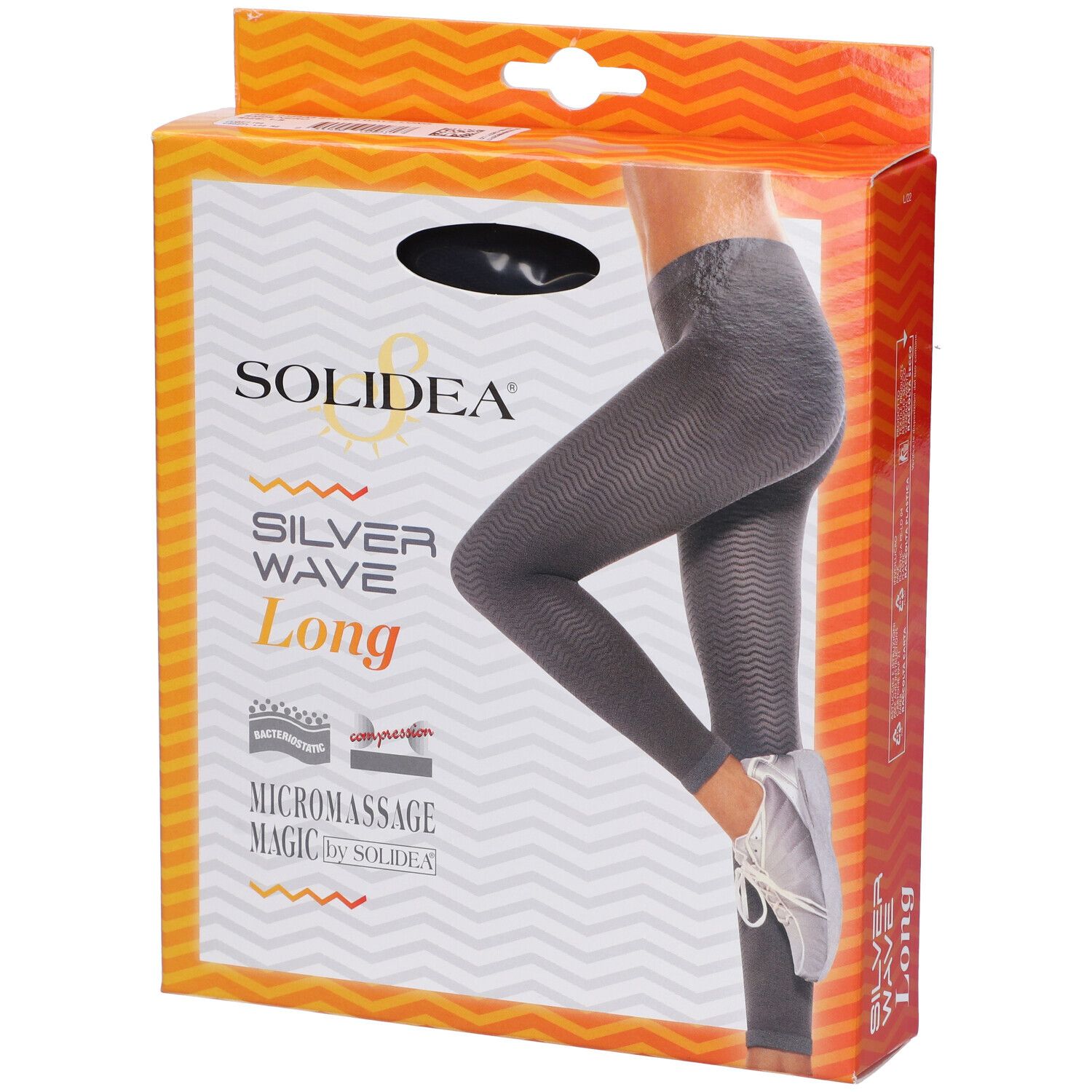 Confezione SOLIDEA Silver Wave Long Ne S. Illustrazione di leggings grigi. Testo: Silver Wave Long, Micromassage Magic.