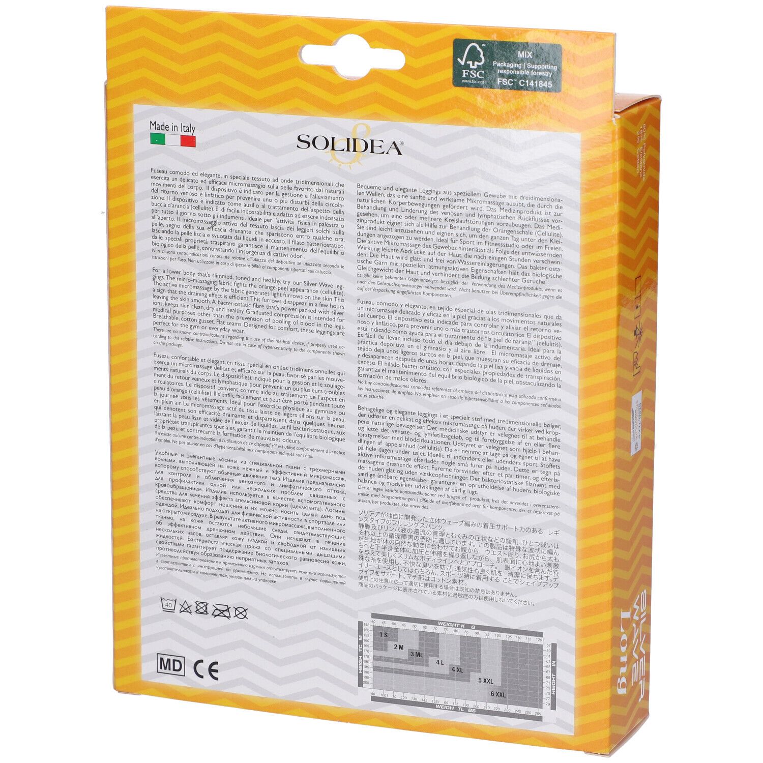 Retro della confezione SOLIDEA Silver Wave Long Ne S. Testo multilingue. Informazioni sulle taglie e simboli di lavaggio.