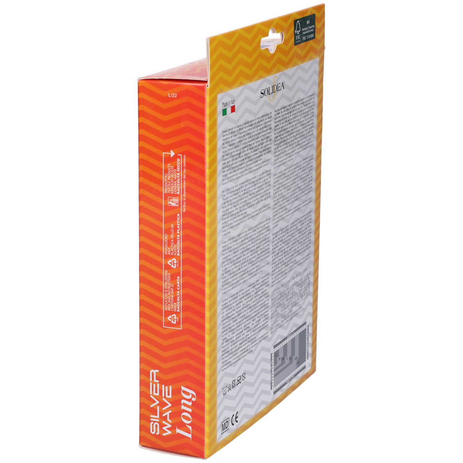 Vista laterale della confezione SOLIDEA Silver Wave Long Ne S. Testo: Silver Wave Long. Logo FSC.