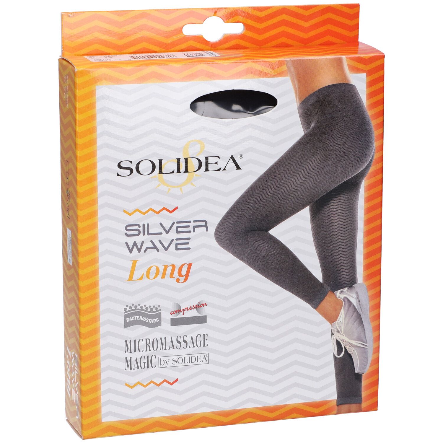 Confezione SOLIDEA Silver Wave Long Ne S. Illustrazione di leggings grigi. Testo: Silver Wave Long, Micromassage Magic.
