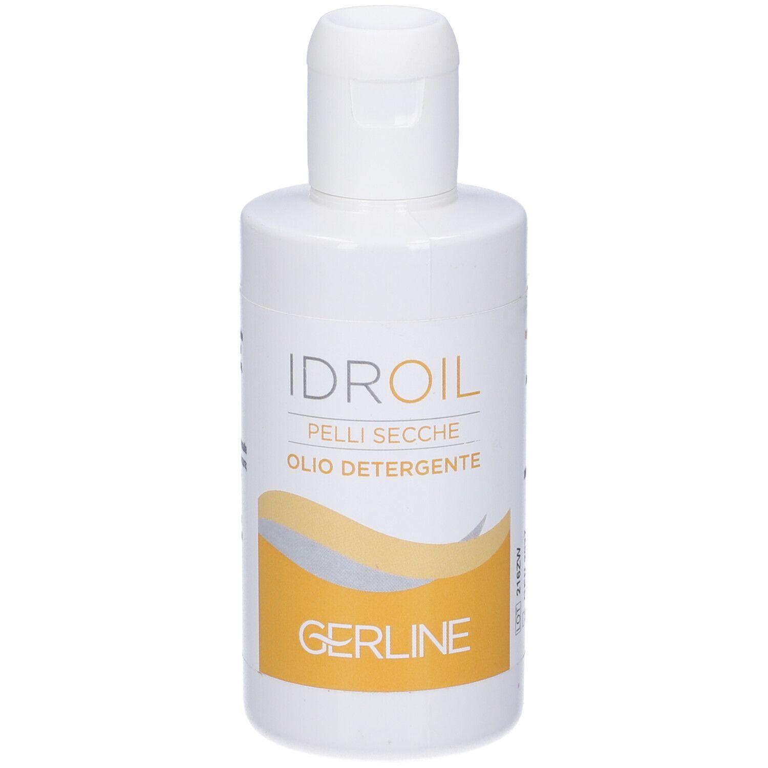 Flacone bianco con tappo a ribalta. Stampa: IDROIL, GERLINE, OLIODETERGENTE.