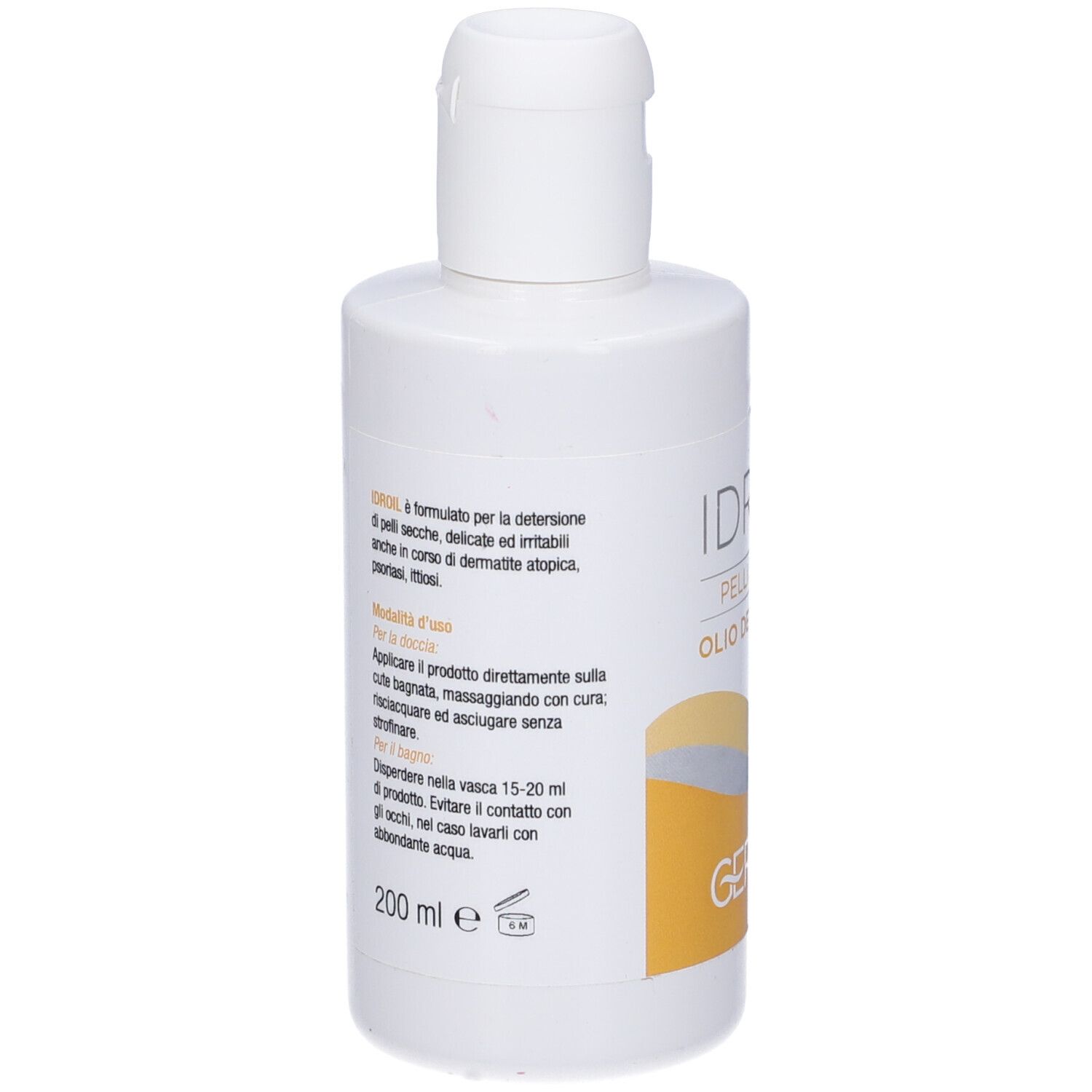 Flacone bianco con tappo a ribalta. Testo: IDROIL, OLIODETERGENTE, 200 ml.