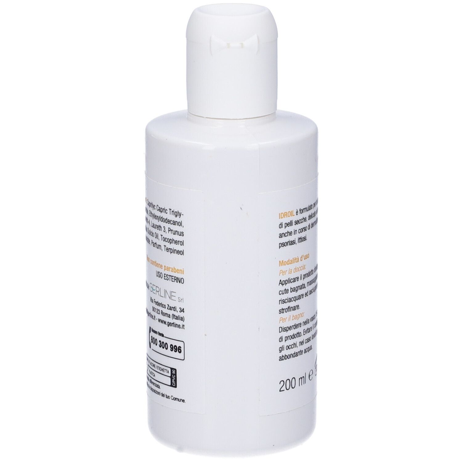 Flacone bianco con tappo a ribalta. Testo: IDROIL, OLIODETERGENTE, 200 ml.