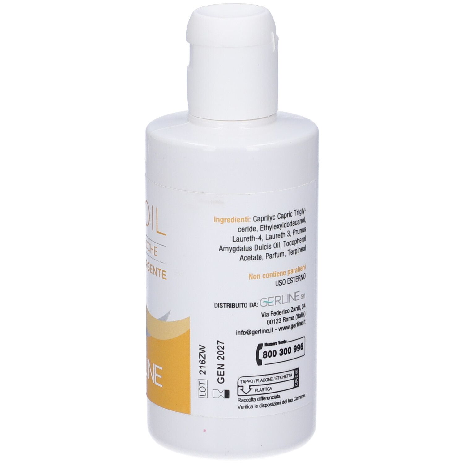 Flacone bianco con tappo a ribalta. Testo: IDROIL, OLIODETERGENTE, 200 ml.