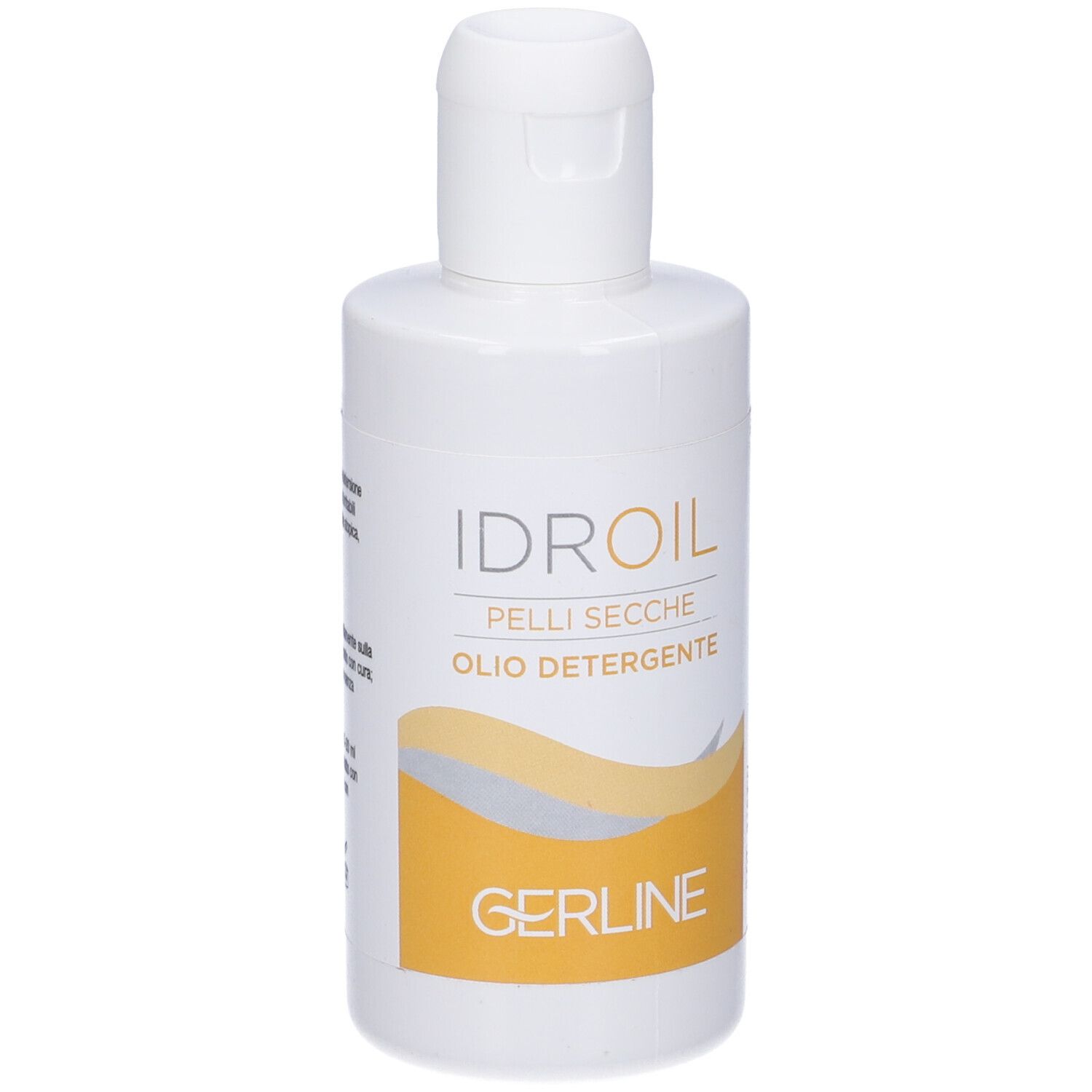 Flacone bianco con tappo a ribalta. Testo: IDROIL, OLIODETERGENTE, 200 ml.