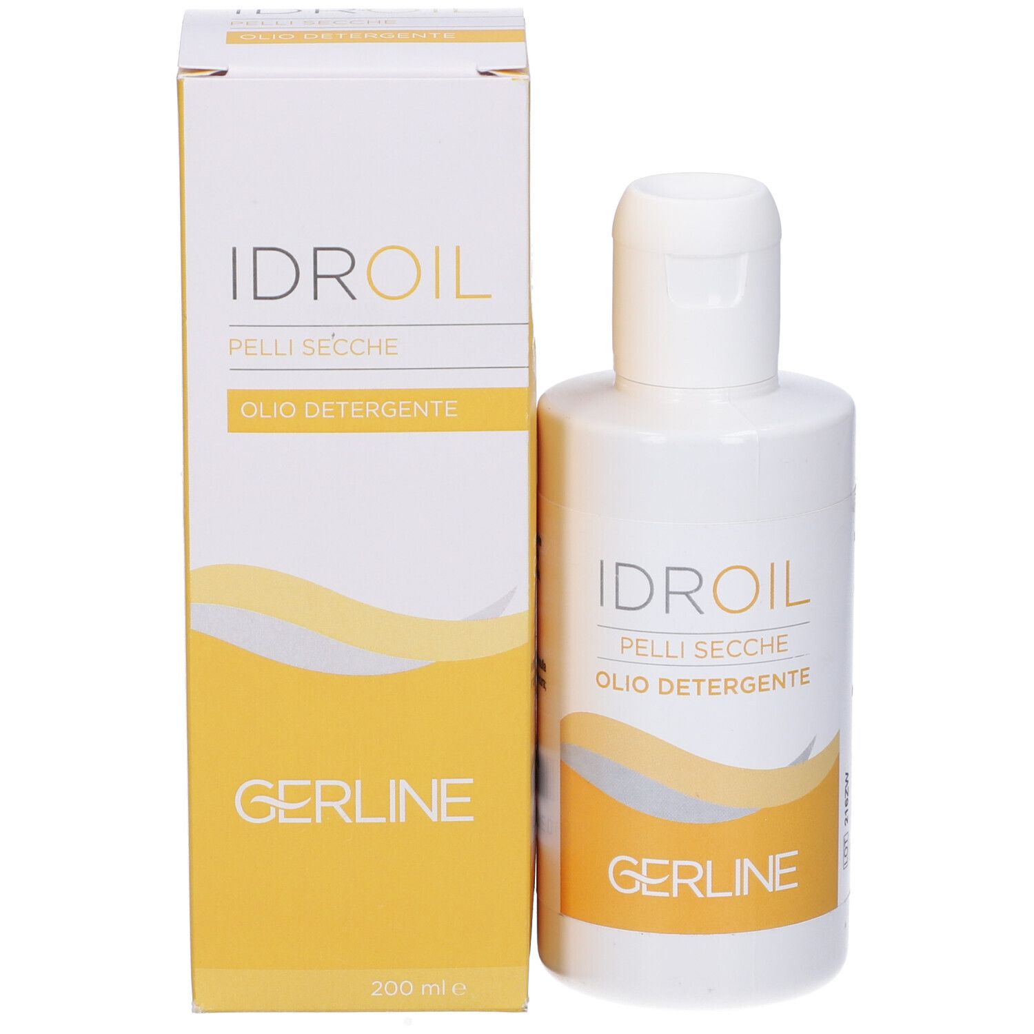 Flacone e confezione del prodotto. Stampa: IDROIL, GERLINE, OLIODETERGENTE, 200 ml.