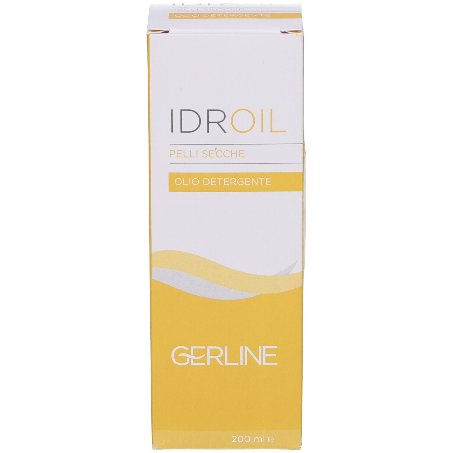Confezione del prodotto. Stampa: IDROIL, GERLINE, OLIODETERGENTE, 200 ml.
