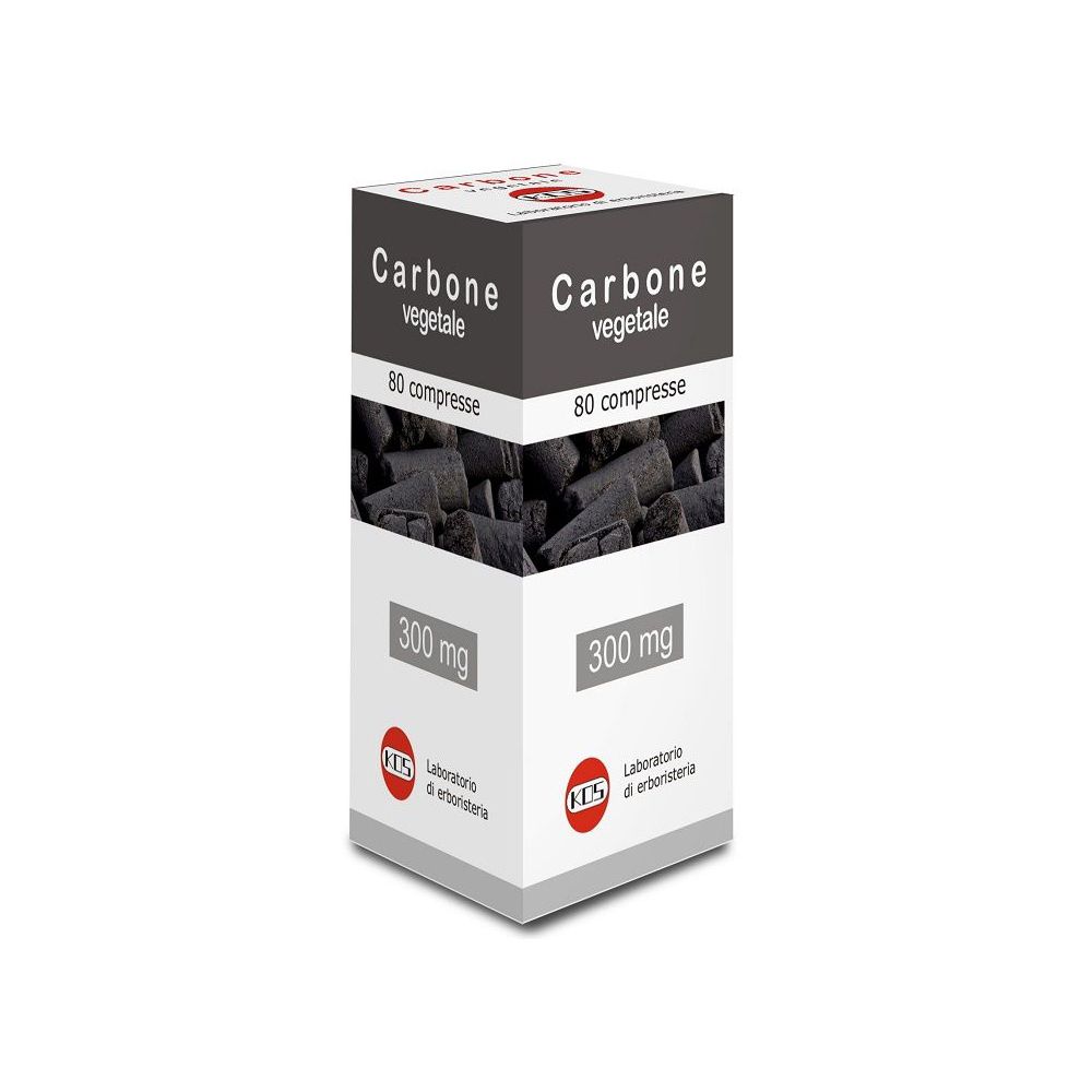 Scatola di KOS Carbone Vegetale Compresse. Scritto: Carbone vegetale, 80 compresse, 300 mg. Logo.