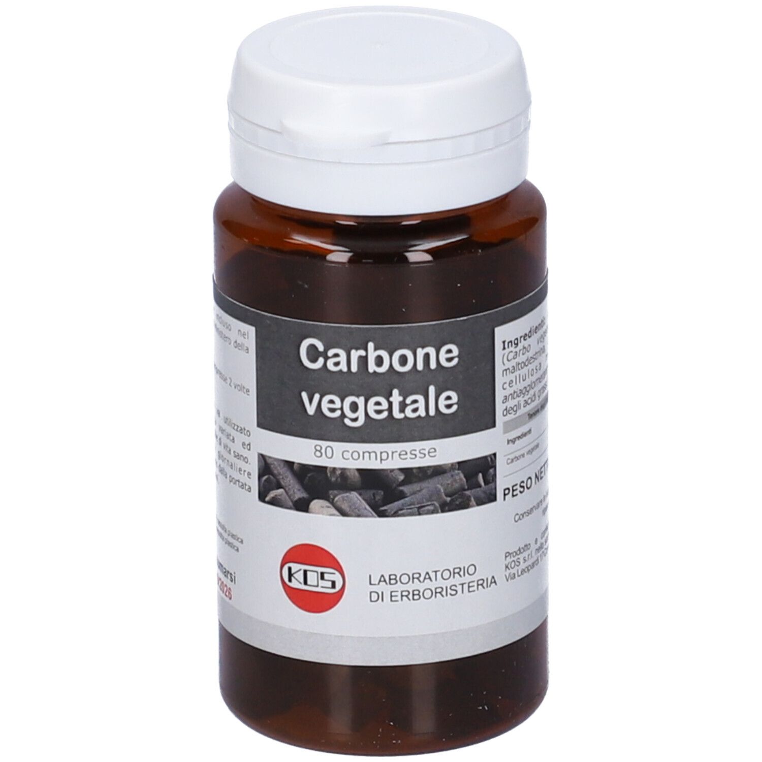Flacone marrone di KOS Carbone Vegetale Compresse. Scritto: Carbone vegetale, 80 compresse. Coperchio bianco.