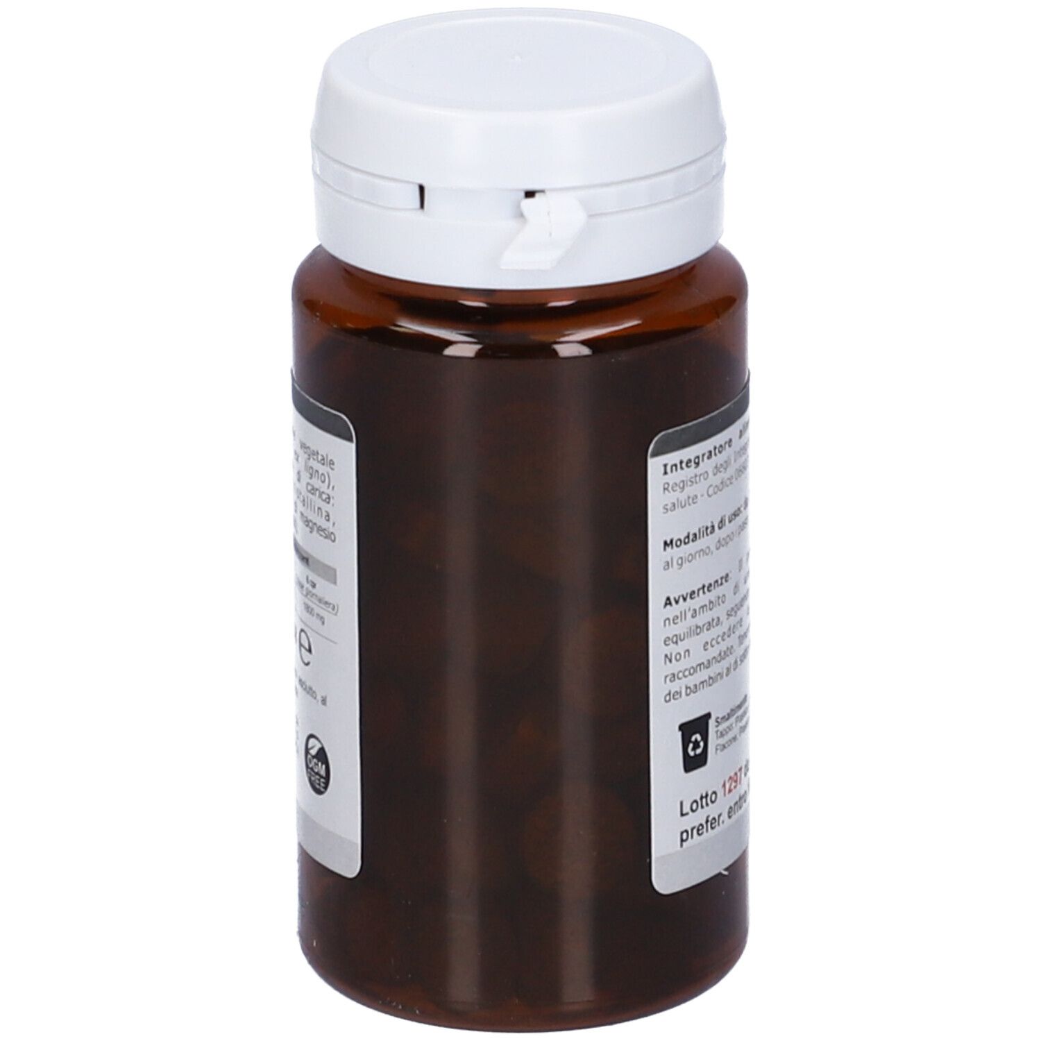 Flacone marrone KOS Carbone Vegetale Compresse. Retro con etichetta, ingredienti, istruzioni per l'uso e logo.