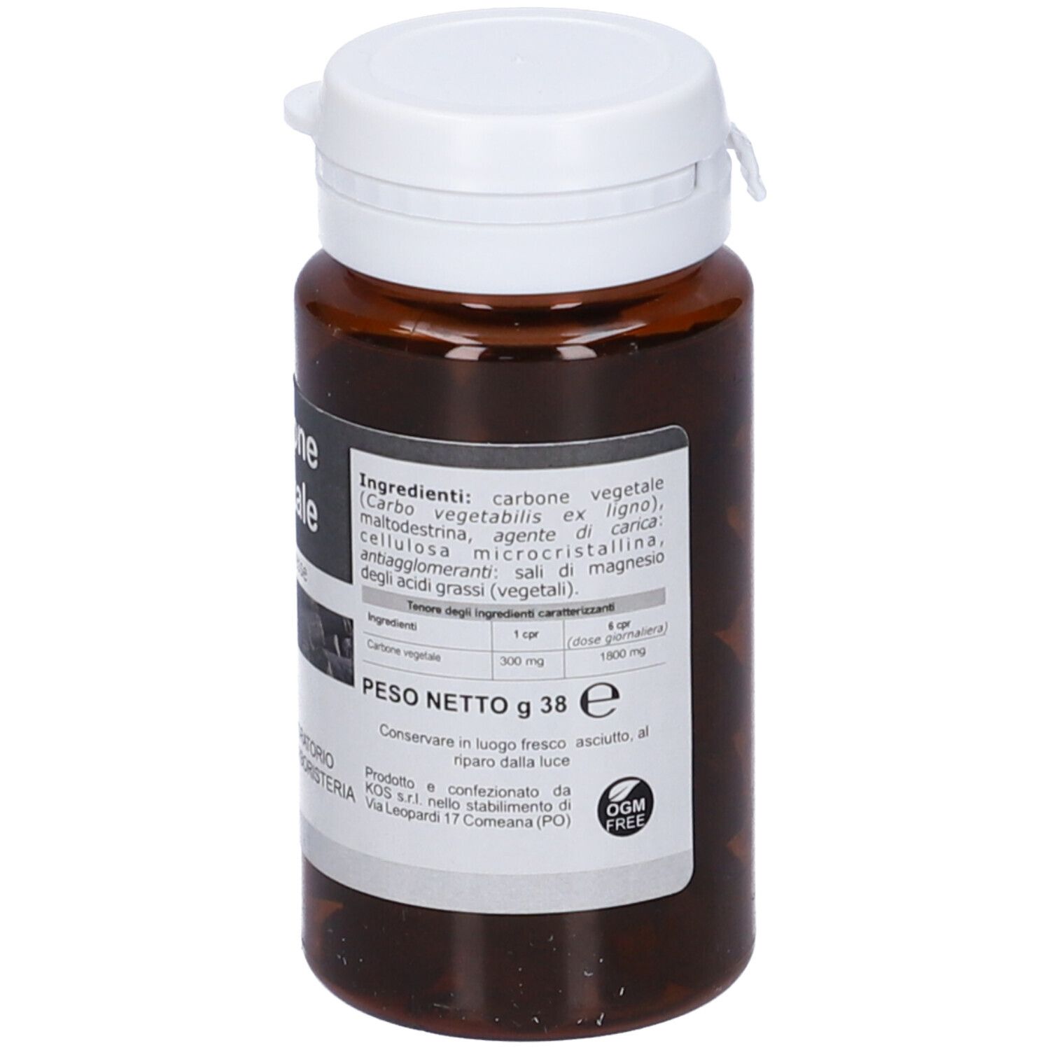 Flacone marrone KOS Carbone Vegetale Compresse. Etichetta con ingredienti, peso e logo.