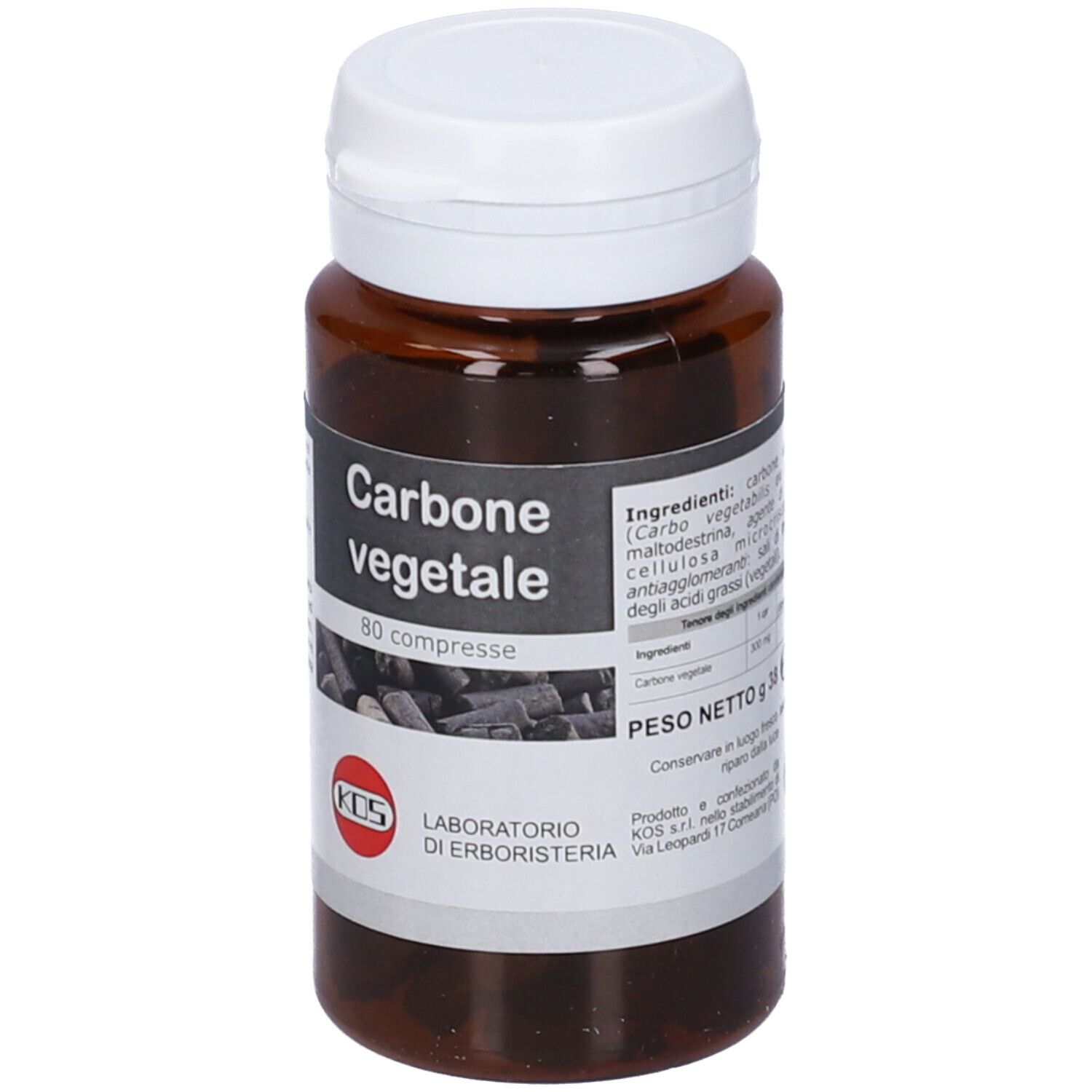 Flacone marrone KOS Carbone Vegetale Compresse. Scritto: Carbone vegetale, 80 compresse. Logo.