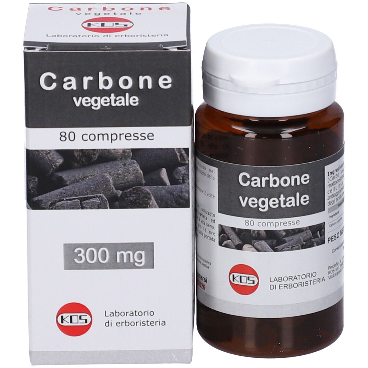 KOS Carbone Vegetale Compresse, flacone e scatola. Scritto: Carbone vegetale, 80 compresse, 300 mg. Logo.