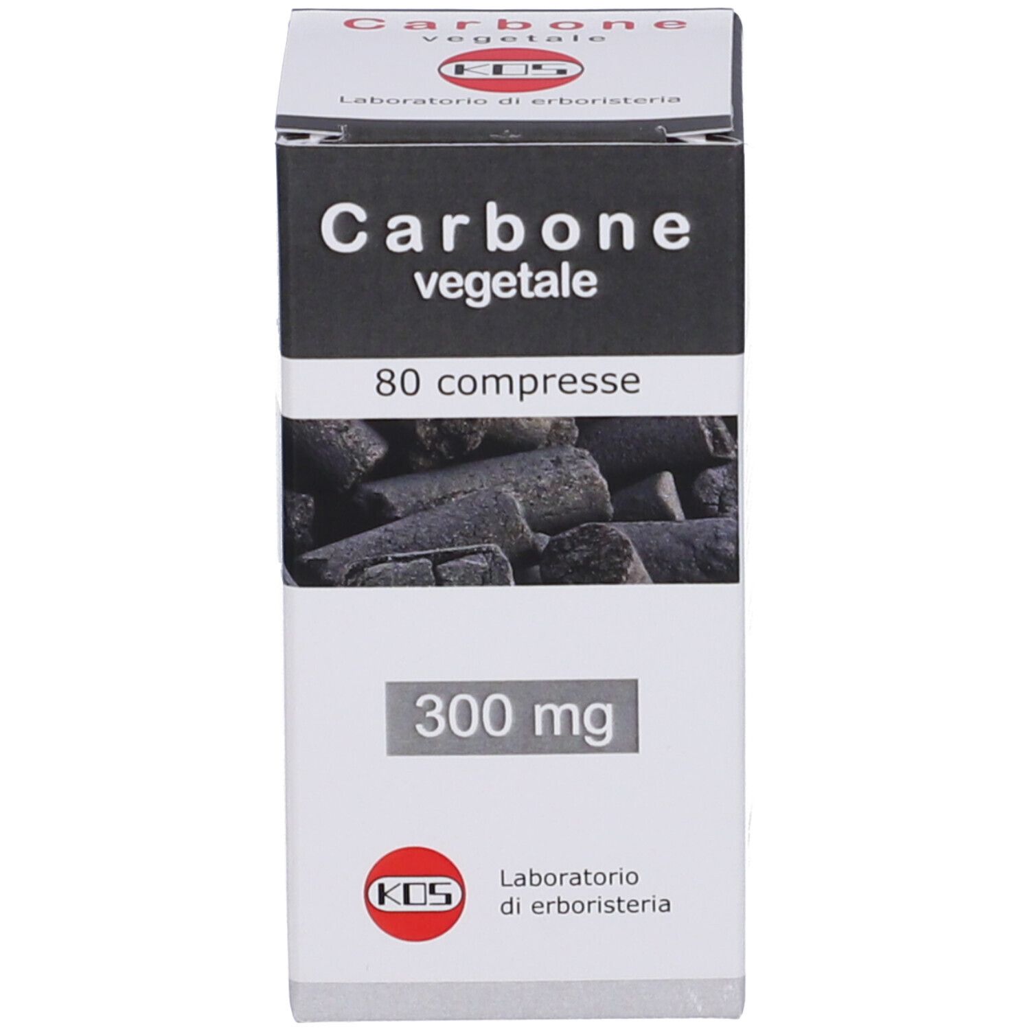 Scatola KOS Carbone Vegetale Compresse. Scritto: Carbone vegetale, 80 compresse, 300 mg. Logo.