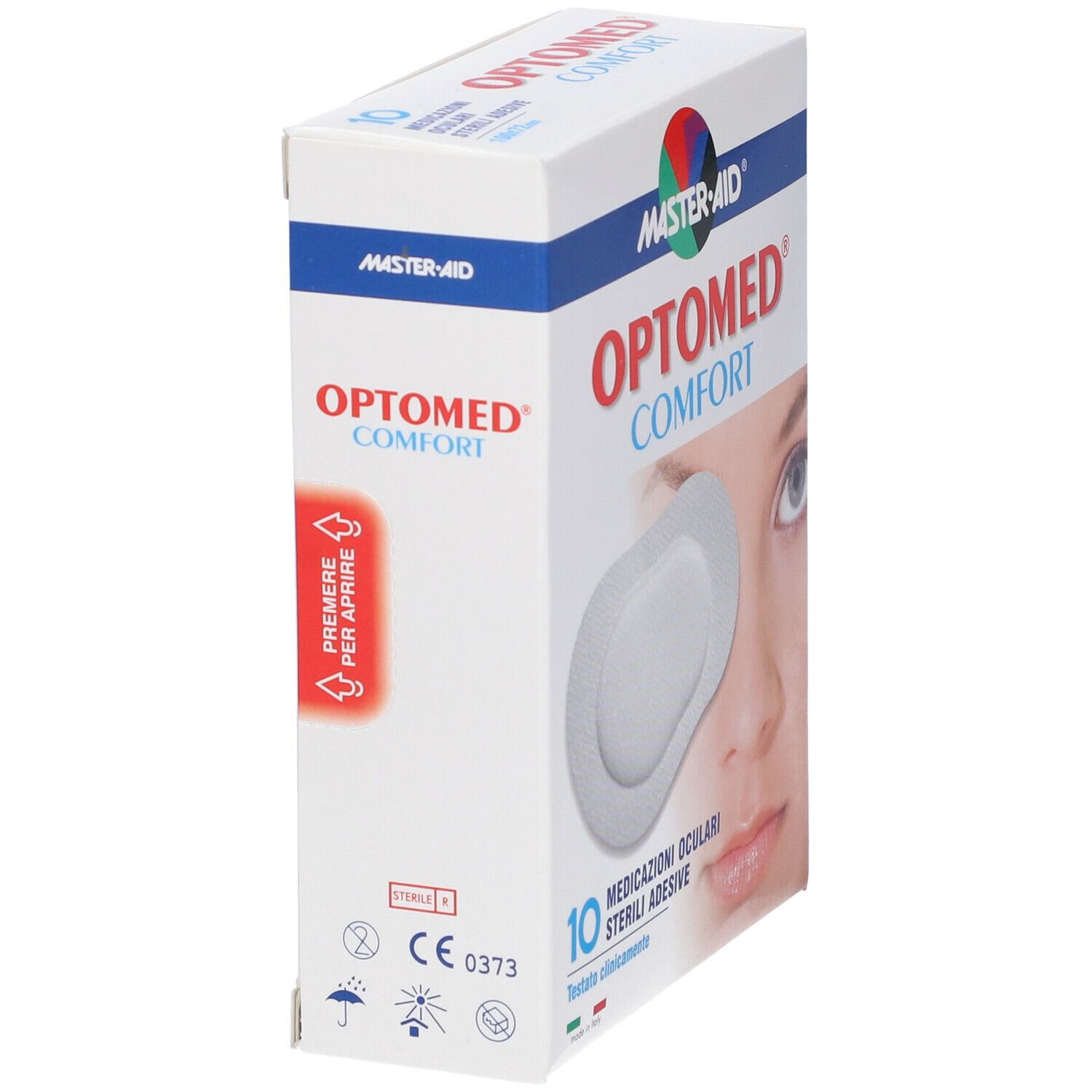 Lato della confezione Optomed Comfort. Mostra un occhio e un cerotto. Contiene 10 medicazioni oculari sterili adesive. Con istruzioni di apertura.