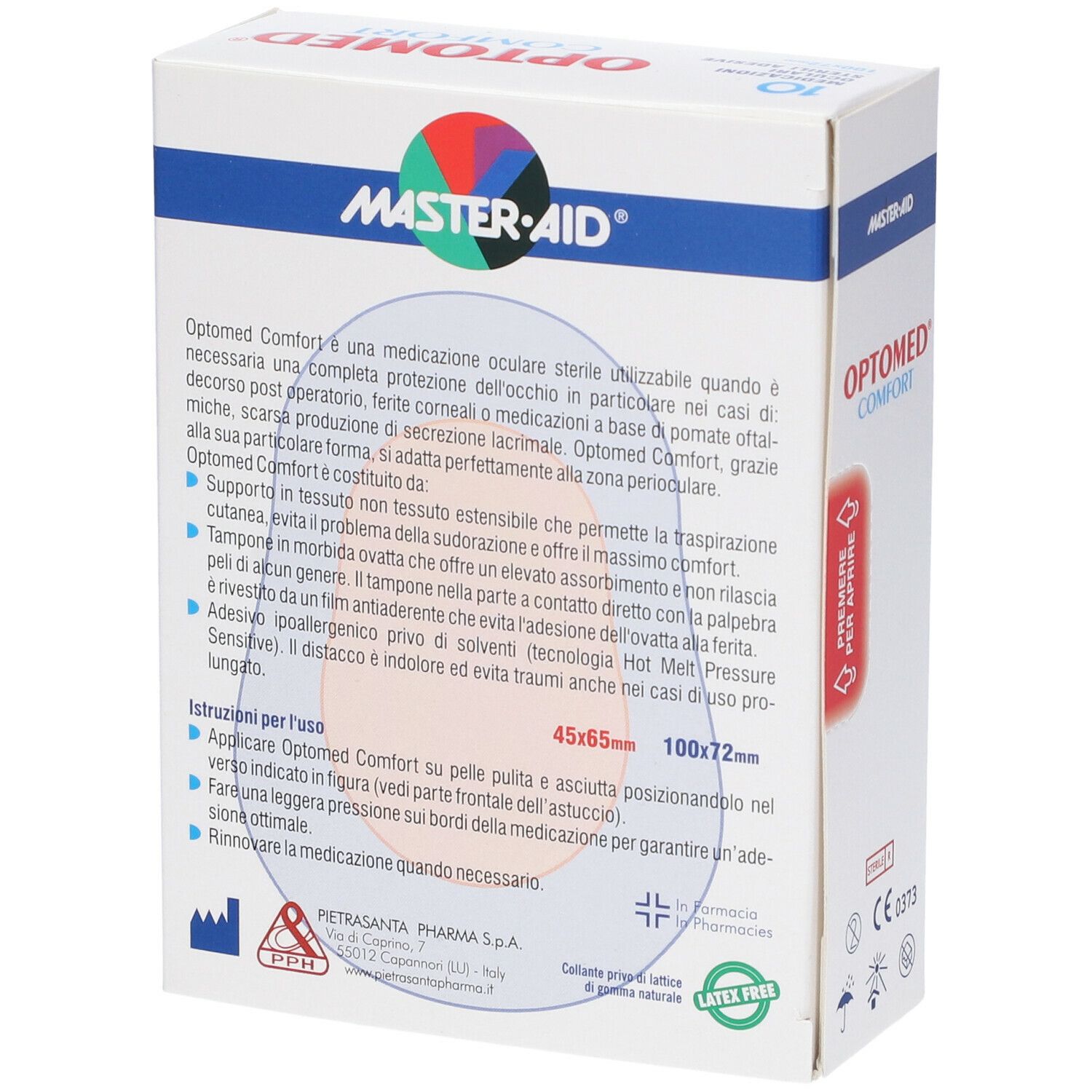 Retro della confezione Optomed Comfort. Informazioni testuali, tra cui dimensioni e istruzioni per l'uso. Senza lattice.