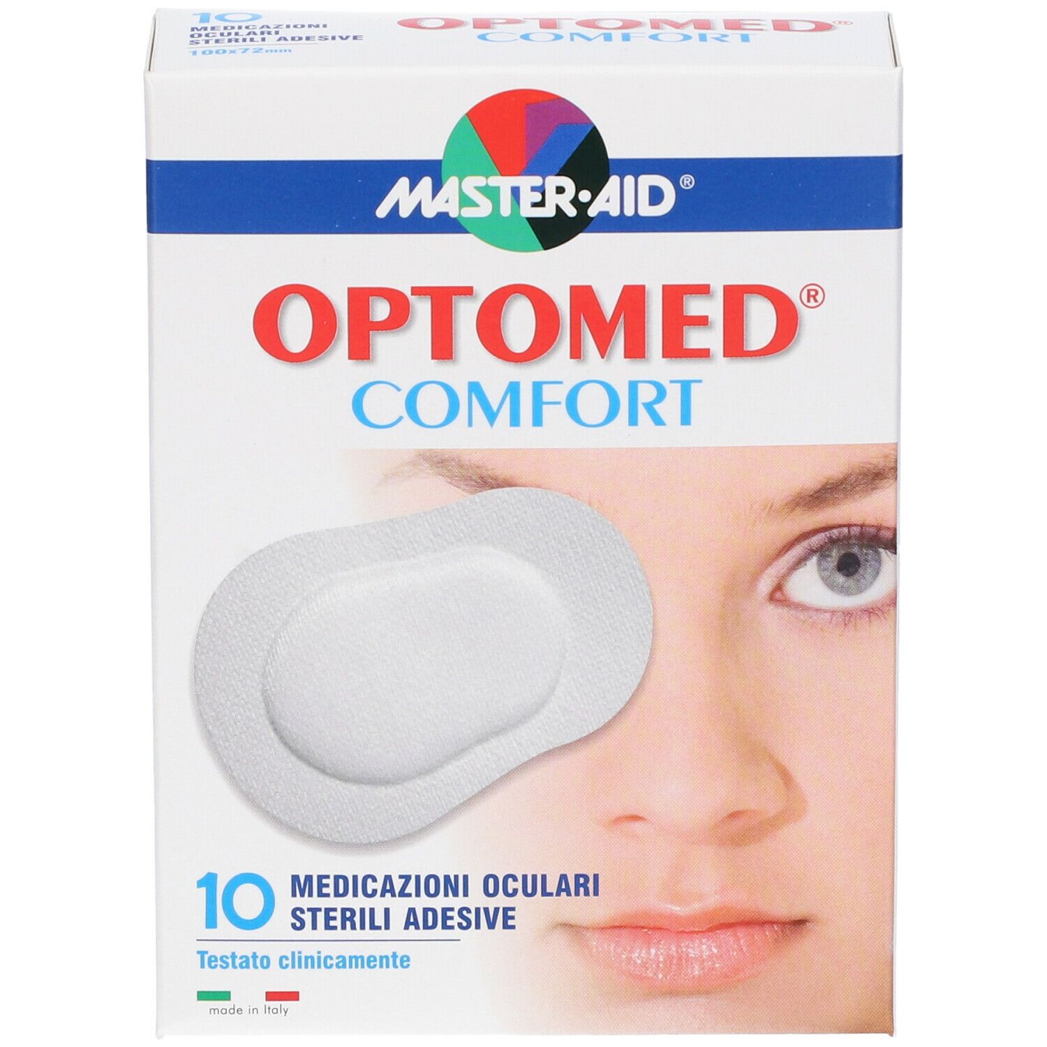 Confezione Optomed Comfort. Mostra un occhio e un cerotto. Contiene 10 medicazioni oculari sterili adesive. Testato clinicamente.