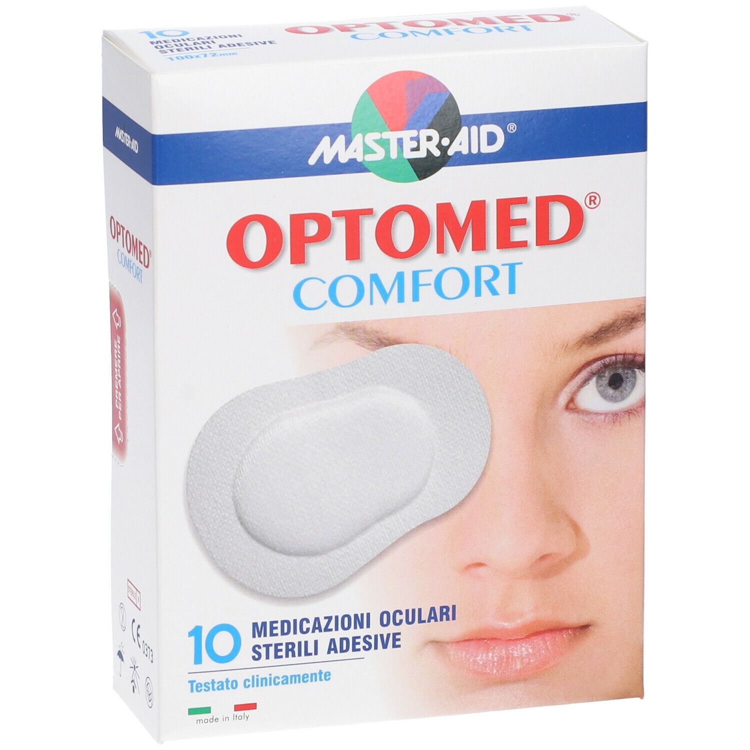 Confezione Optomed Comfort. Mostra un occhio e un cerotto. Contiene 10 medicazioni oculari sterili adesive. Testato clinicamente.