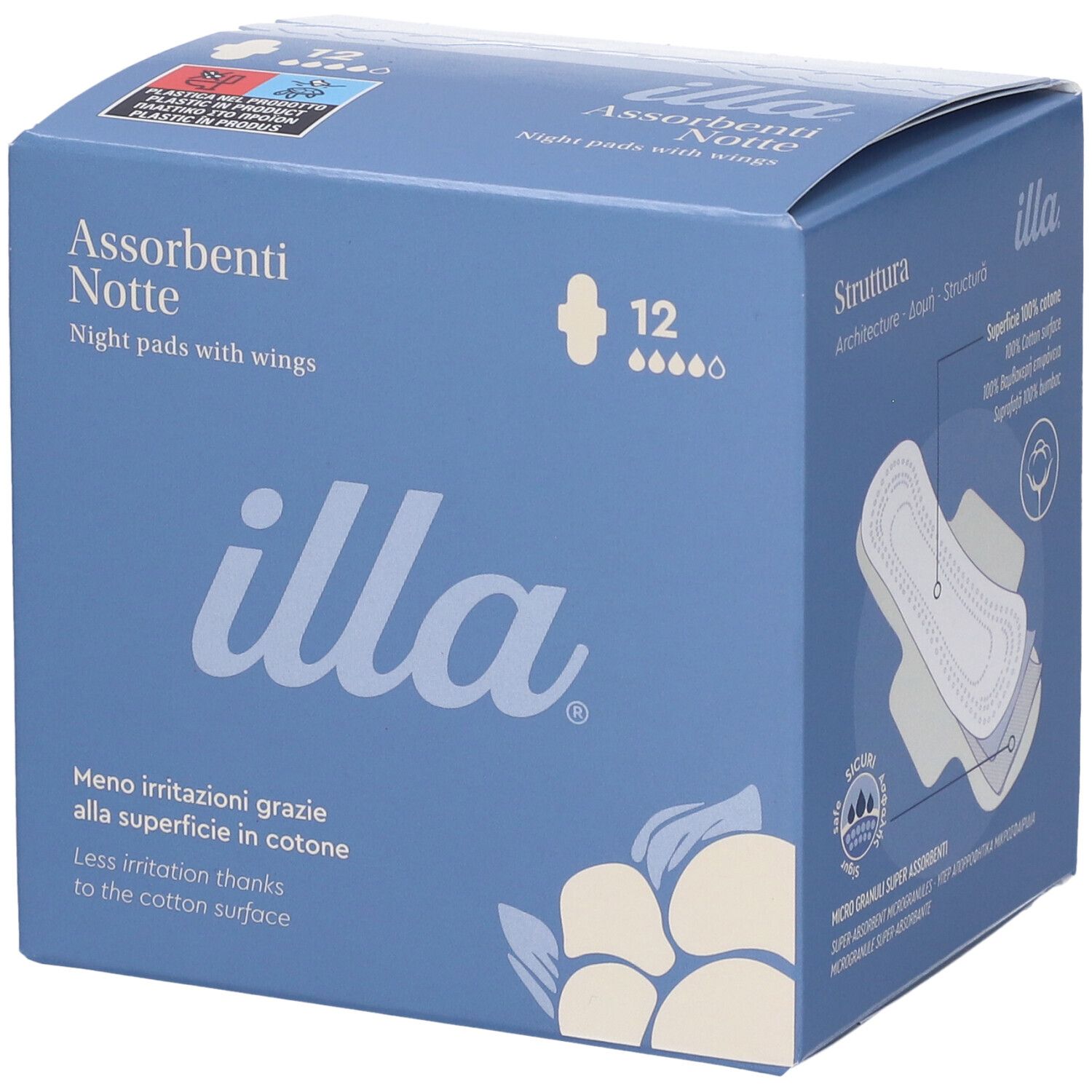 Blau-weiße Schachtel mit 'illa' Logo und 'Assorbenti Notte' Schriftzug. 12 Stück. Baumwoll-Oberfläche. Flügel.