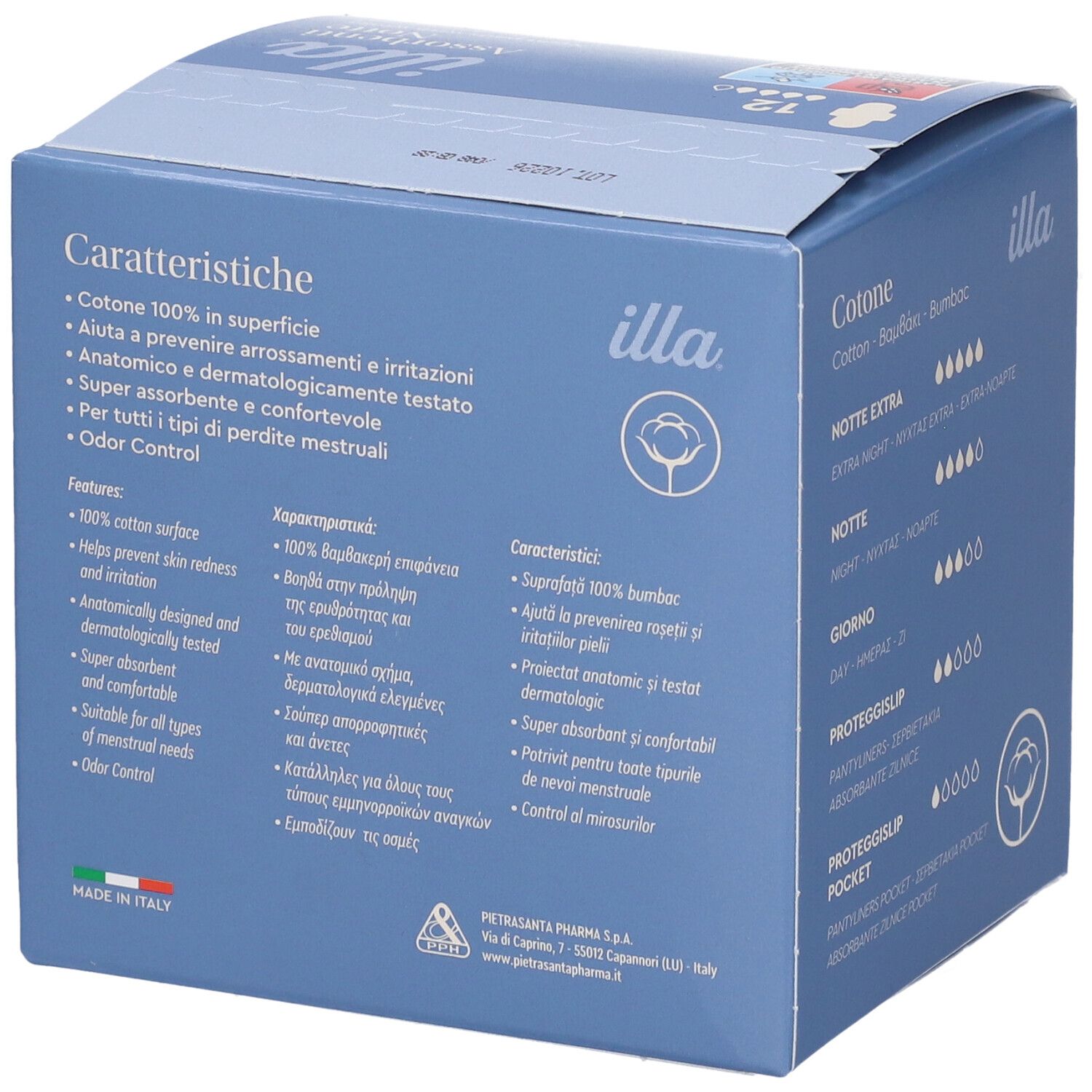 Blaue Schachtel mit 'illa' Logo. Produktmerkmale: Baumwolle, anatomisch, dermatologisch getestet, geruchsneutral.