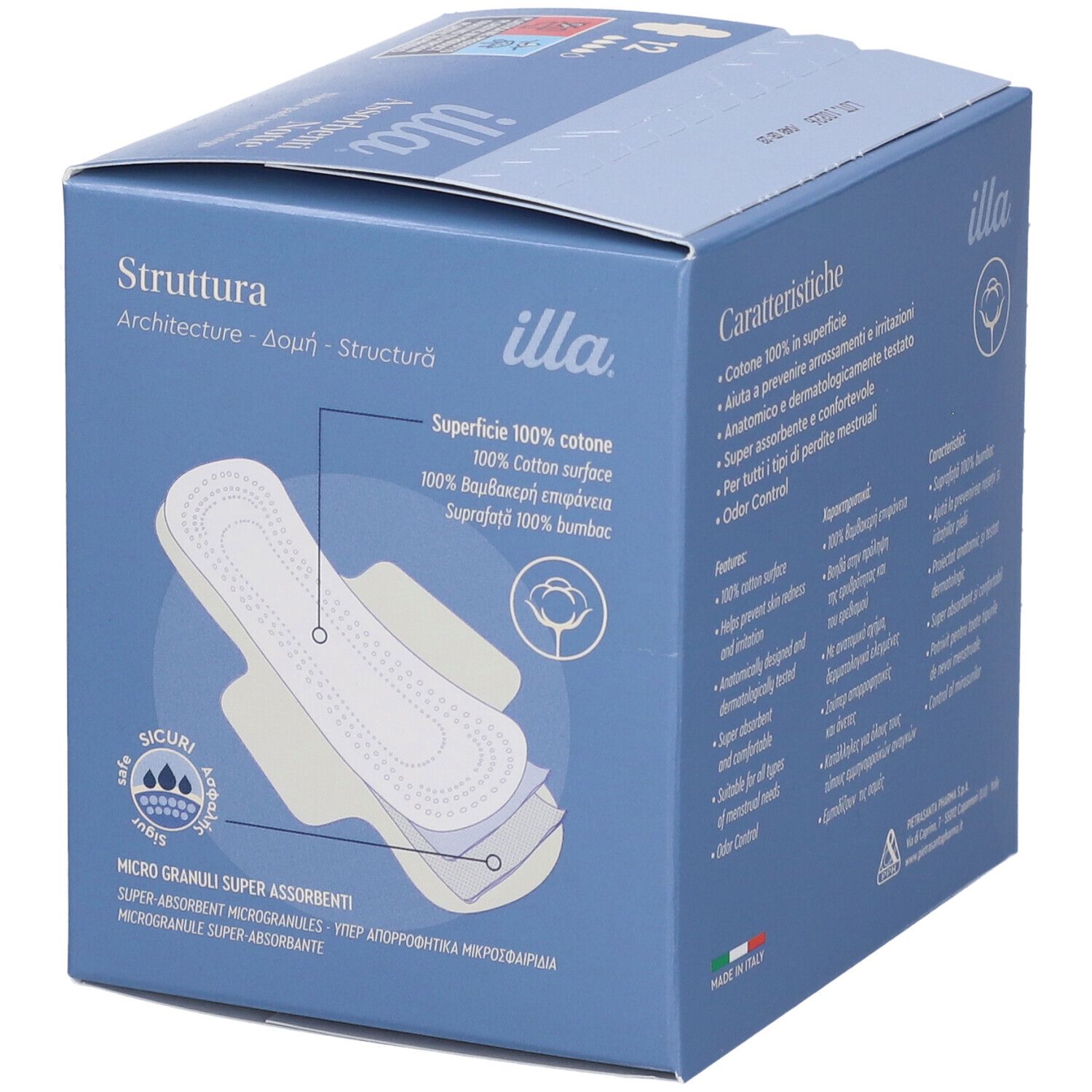 Blaue Schachtel mit 'illa' Logo. Produktabbildung: Damenbinde mit Flügeln. Baumwoll-Oberfläche. 12 Stück.