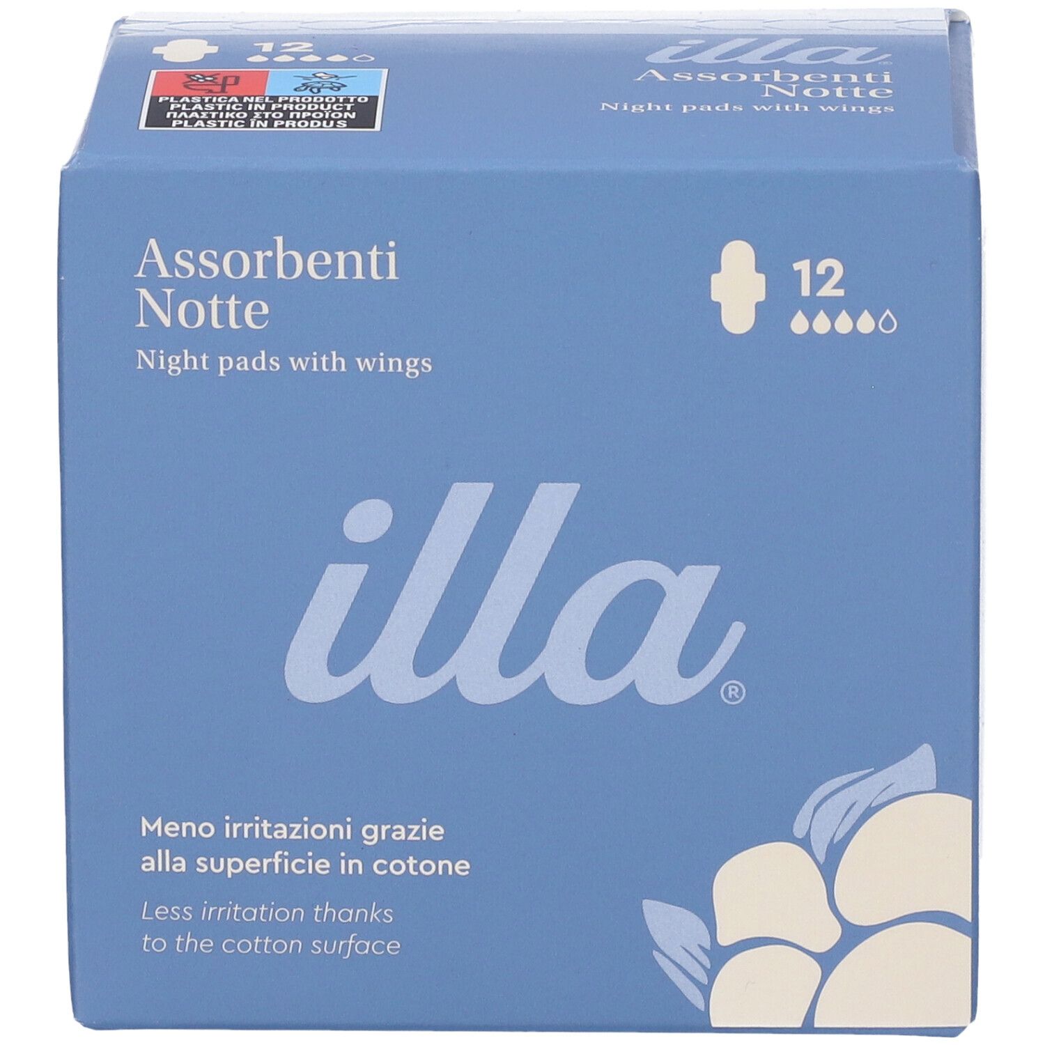 Blaue Schachtel mit 'illa' Logo. 'Assorbenti Notte' Schriftzug. 12 Stück. Baumwoll-Oberfläche. Flügel.