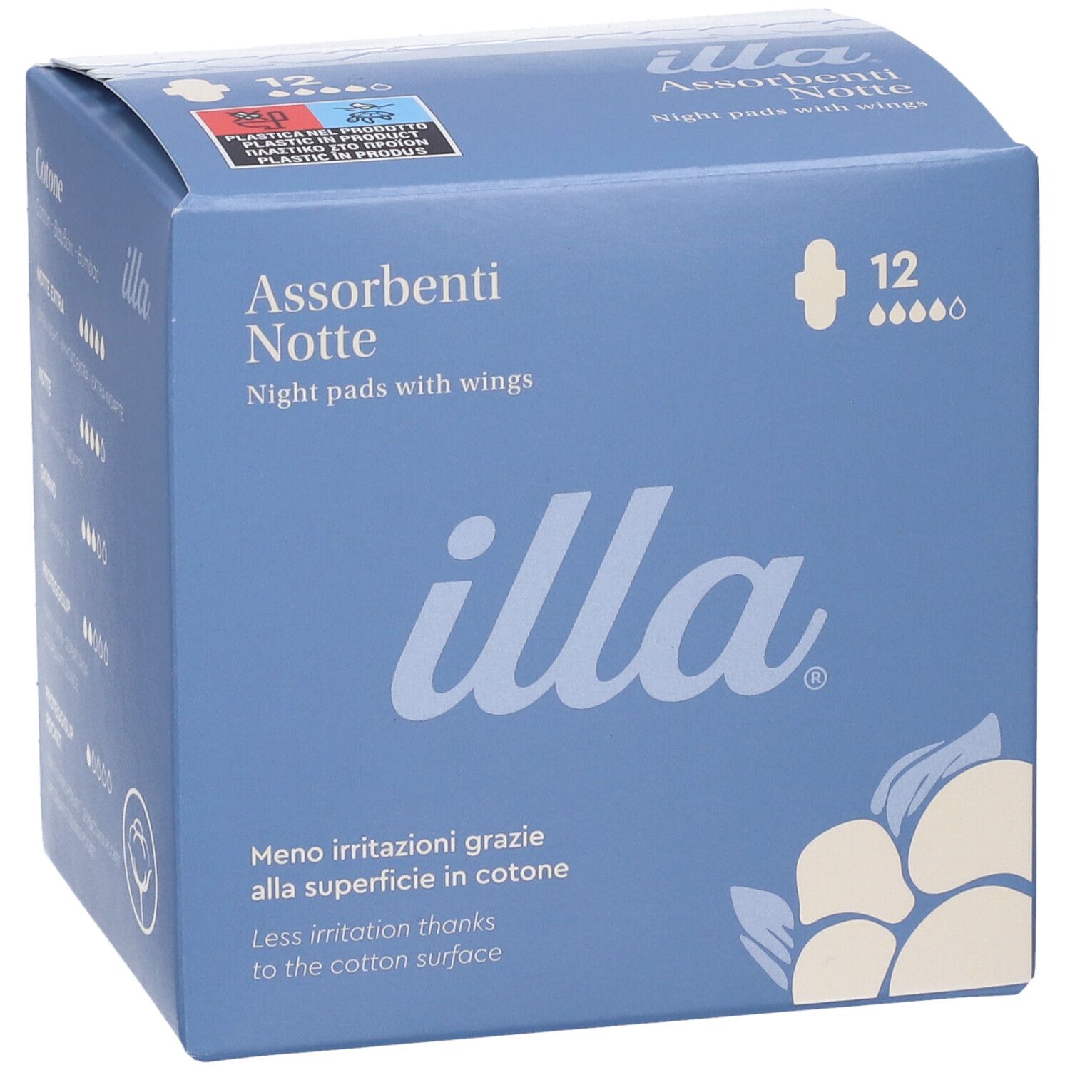 Blaue Schachtel mit 'illa' Logo. 'Assorbenti Notte' Schriftzug. 12 Stück. Baumwoll-Oberfläche. Flügel.
