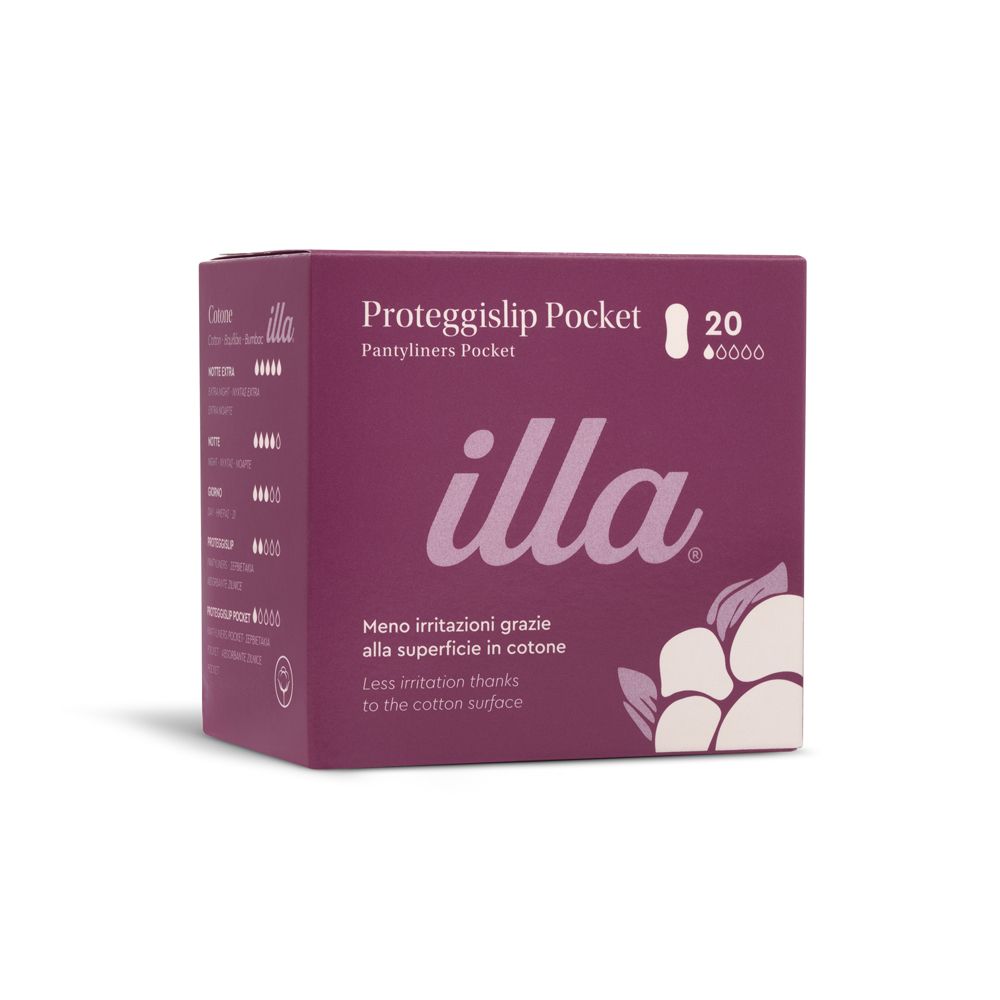 Verpackung von Proteggislip Pocket, 20 Stück. Marke illa, mit Baumwollblüten-Illustration. Text: Weniger Irritationen dank Baumwolloberfläche.