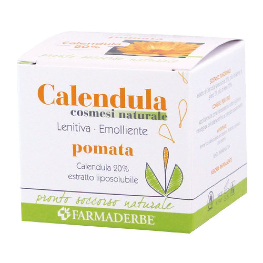 Scatola bianca 'Calendula Pomata'. Scritta arancione, fascia verde. Logo 'Farmaderbe'. Dettagli prodotto e ingredienti.