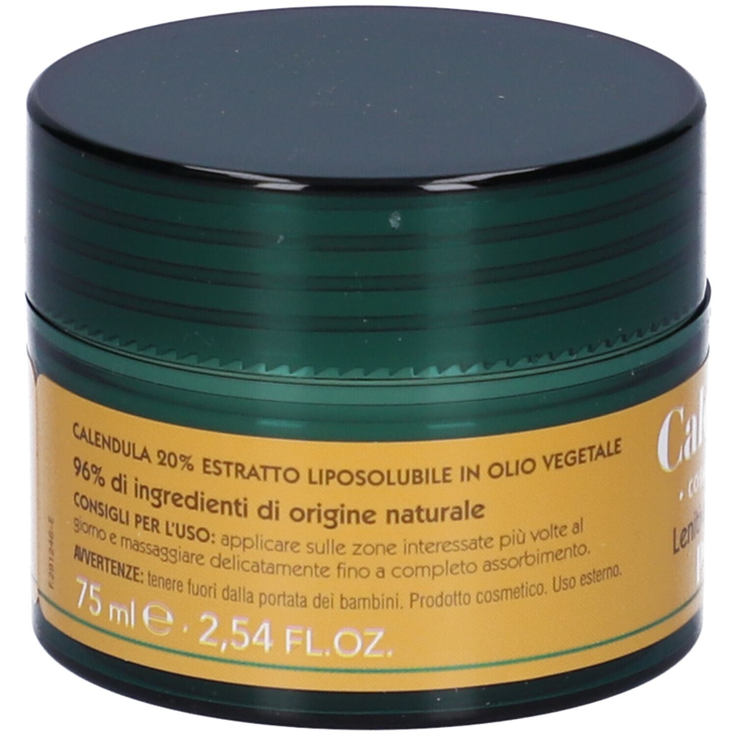 Vasetto verde scuro, coperchio nero. Etichetta gialla con informazioni. 'Calendula' e '75 ml' visibili.