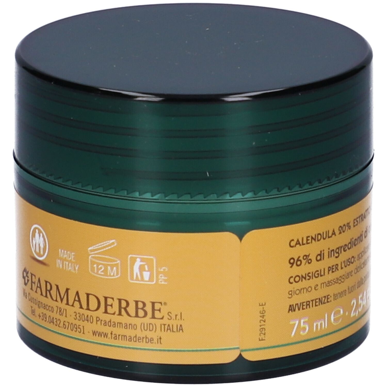 Vasetto verde scuro, coperchio nero. Etichetta gialla con informazioni. 'Calendula' e '75 ml' visibili.