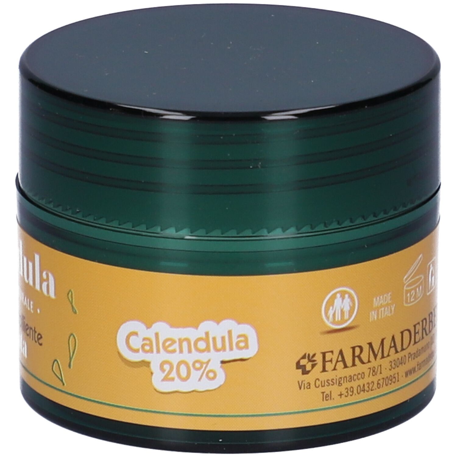 Vasetto verde scuro, coperchio nero. Etichetta gialla con informazioni. 'Calendula 20%' visibile.