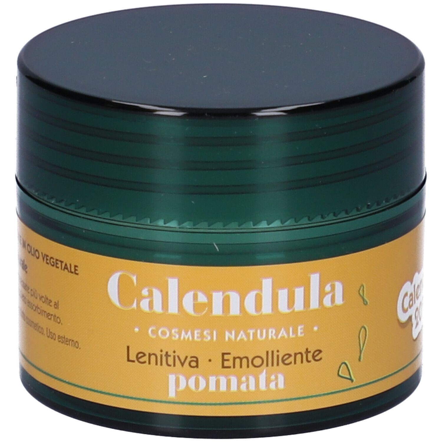 Vasetto verde scuro, coperchio nero. Etichetta gialla con informazioni. 'Calendula' e 'pomata' visibili.