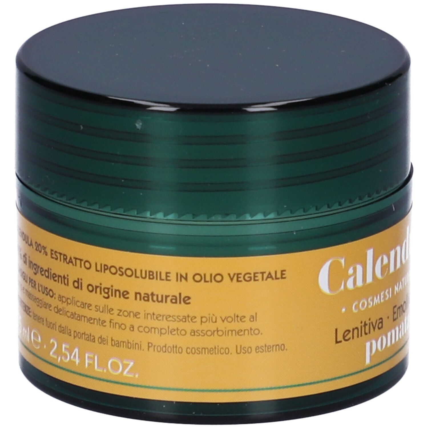 Vasetto verde scuro, coperchio nero. Etichetta gialla con informazioni. 'Calendula' e '75 ml' visibili.