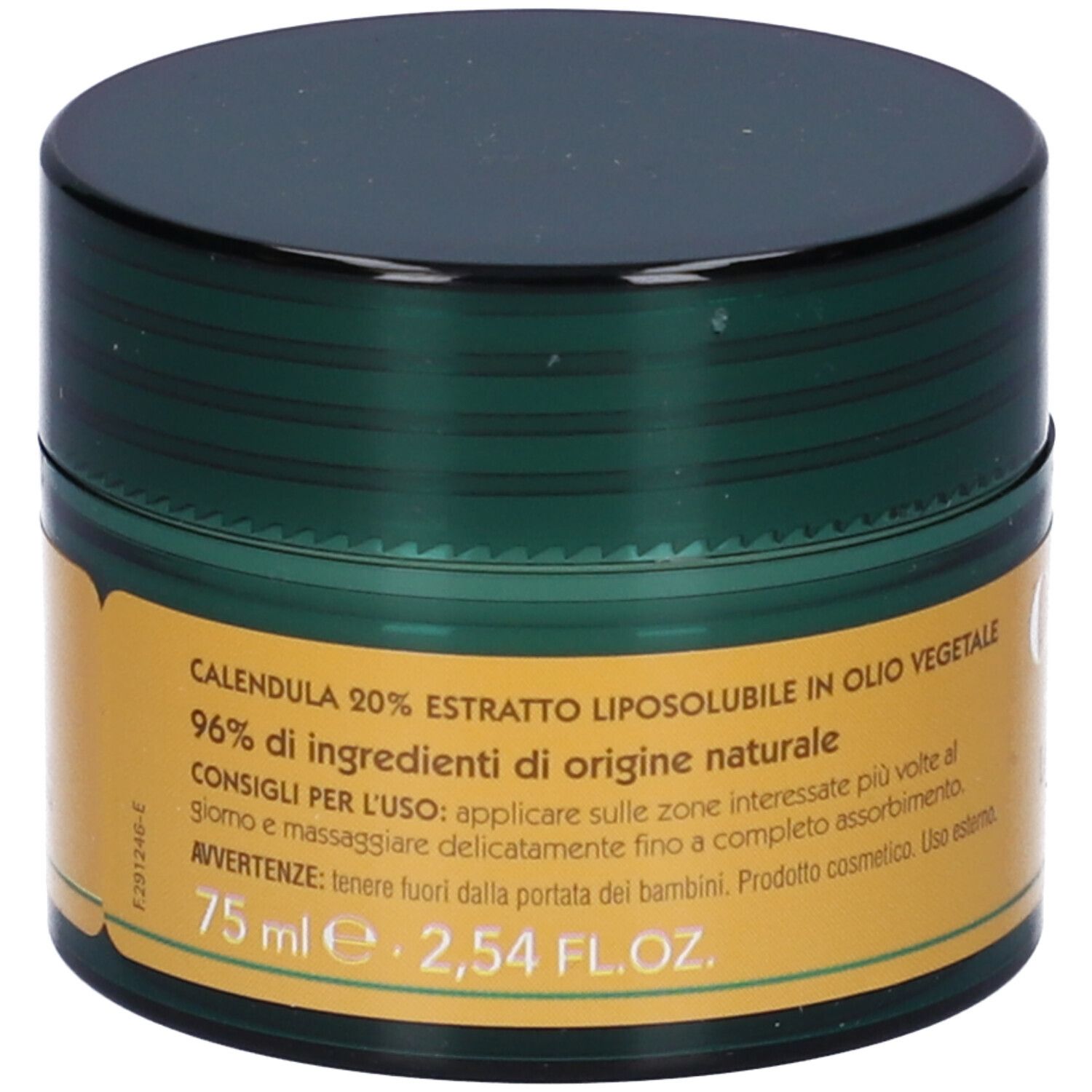 Vasetto verde scuro, coperchio nero. Etichetta gialla con informazioni. 'Calendula' e '75 ml' visibili.