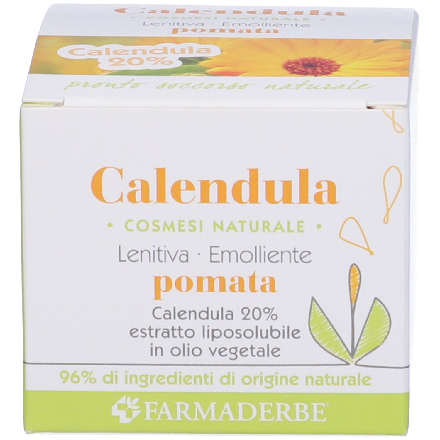 Scatola bianca con 'Calendula Pomata'. Scritta arancione, fascia verde. Informazioni e logo 'Farmaderbe'.