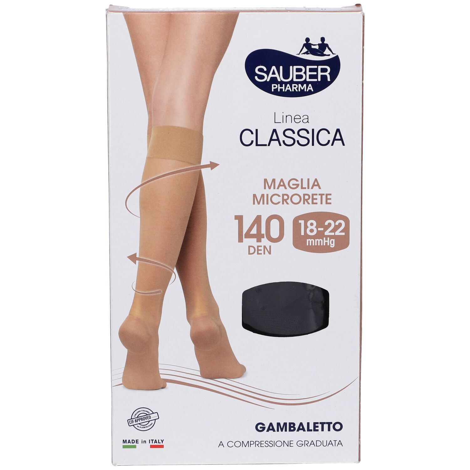 Sauber Classica Gambaletto 140 Den, in confezione. Illustrazione gamba con calza. Calza nera visibile.