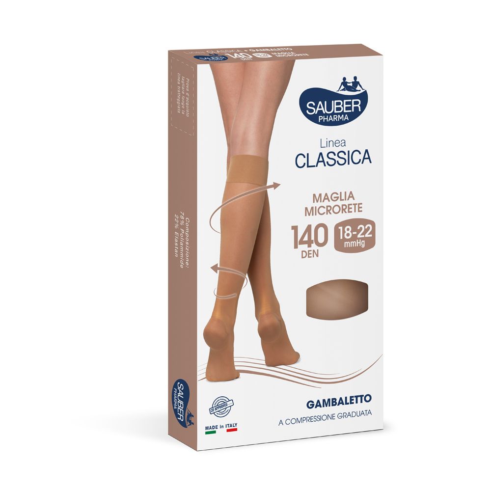Confezione di calze a compressione Sauber Classica 140 Den Gambaletto. Calze beige raffigurate. Marchio Sauber Pharma e dettagli prodotto.