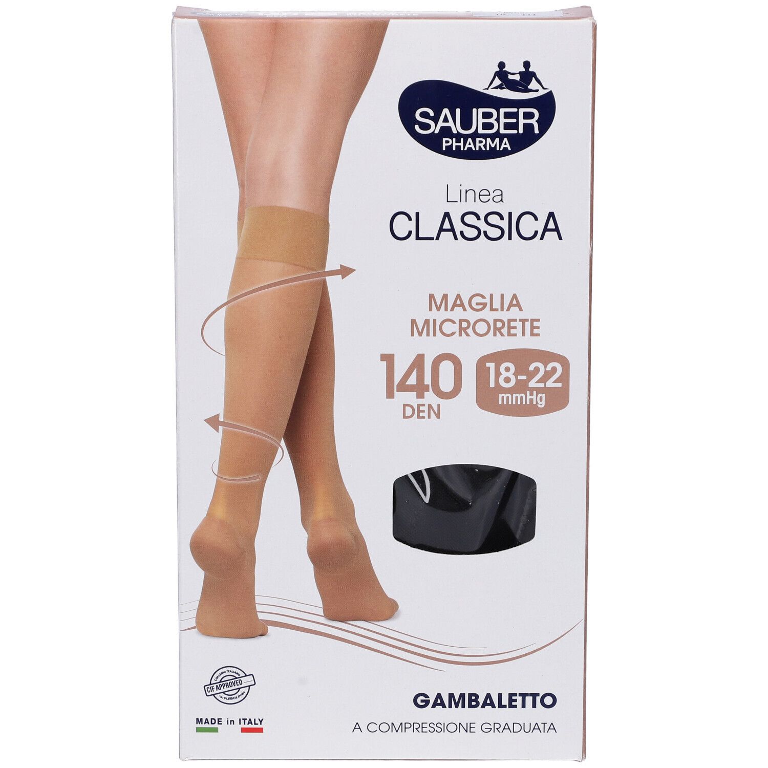 Confezione di calze a compressione Sauber Classica 140 Den Gambaletto. Immagine del prodotto e dettagli. Marchio Sauber Pharma.