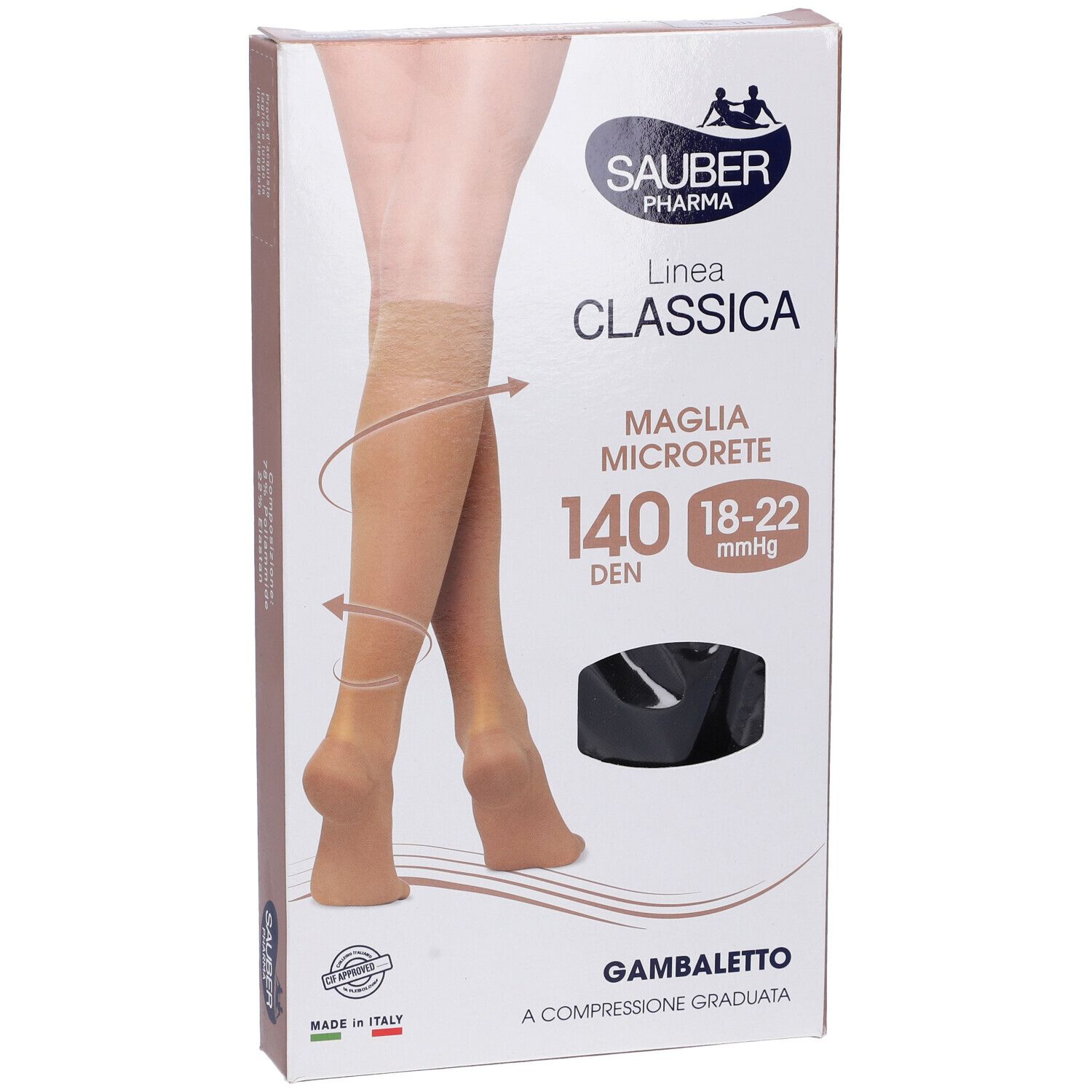 Confezione di calze a compressione Sauber Classica 140 Den Gambaletto. Immagine del prodotto e dettagli. Marchio Sauber Pharma.