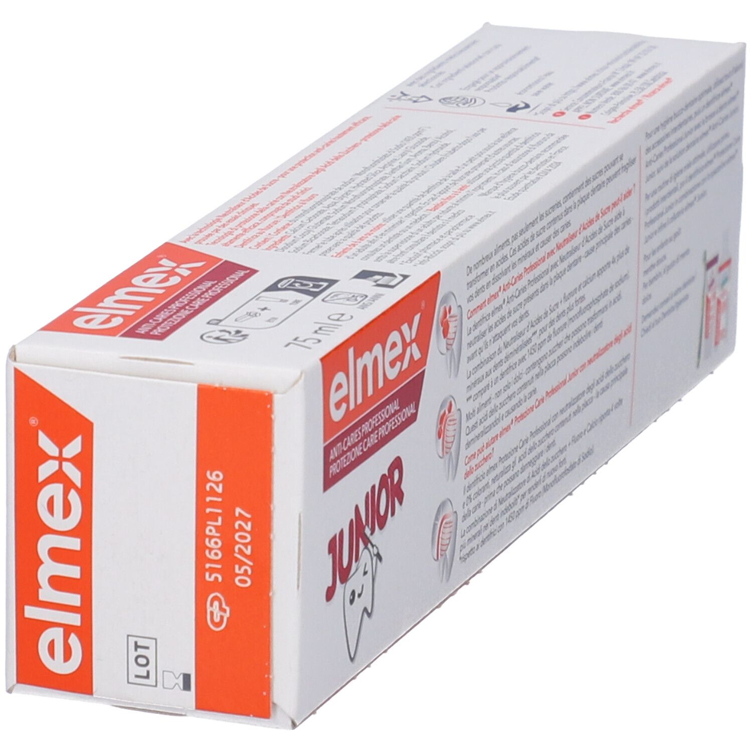 Eelmex Junior Zahnpasta-Verpackung mit rotem und weißem Design. Enthält Text und ein Zahn-Symbol.