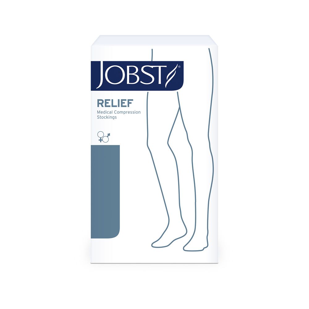 Confezione JOBST Relief, calze compressive mediche. Illustrazione gamba. Beige. Dispositivo medico.