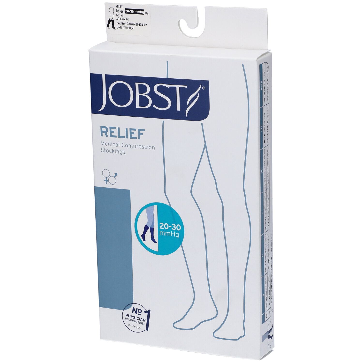 Confezione JOBST Relief, calze compressive mediche, 20-30 mmHg. Illustrazione gamba. Dispositivo medico.