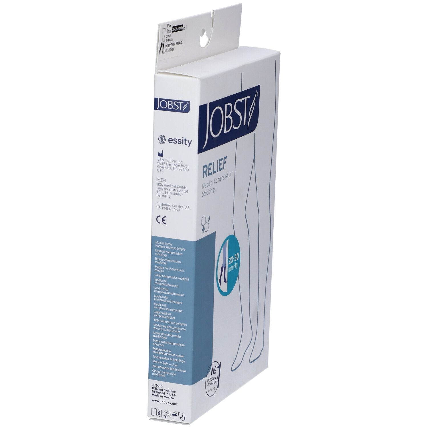 Confezione JOBST Relief, calze compressive mediche. Illustrazione gamba. Dispositivo medico. Marchio CE.