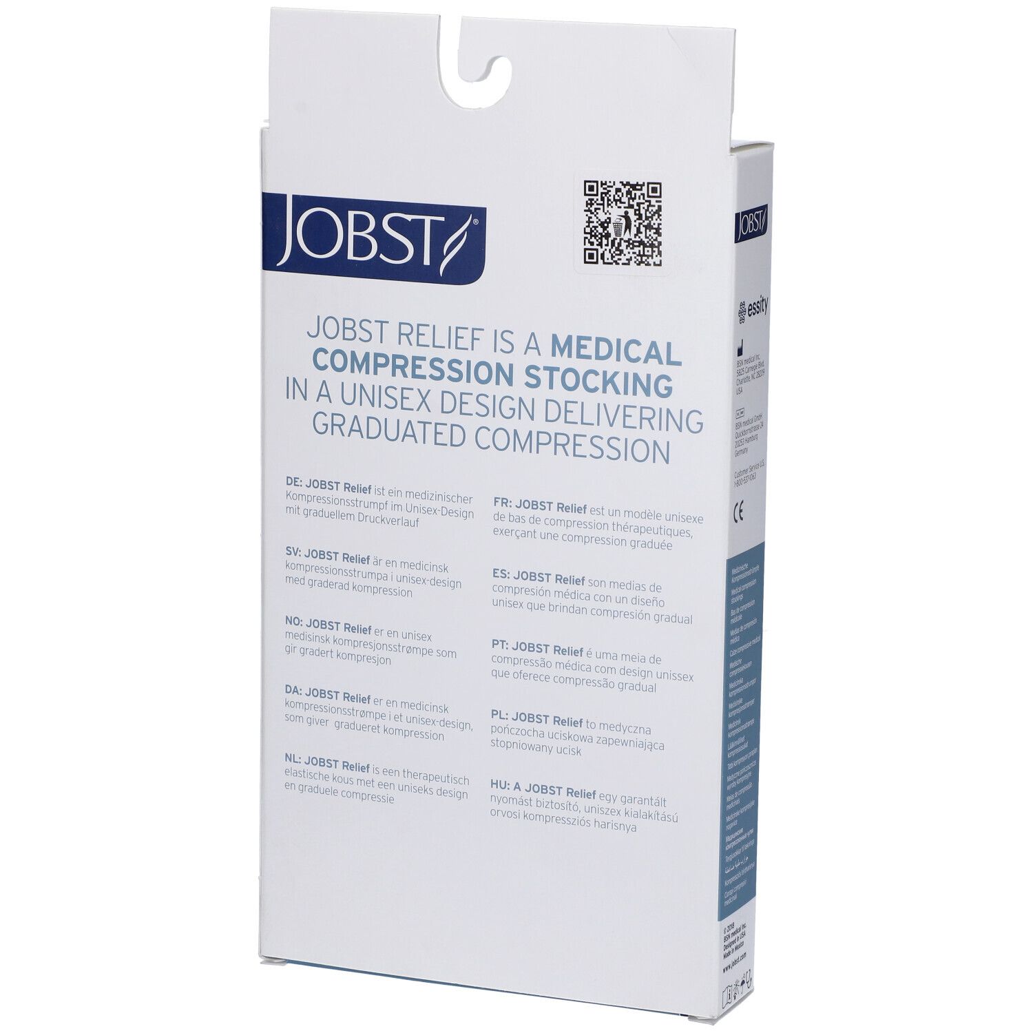 Retro confezione JOBST Relief. Testo multilingue. Calze compressive mediche.