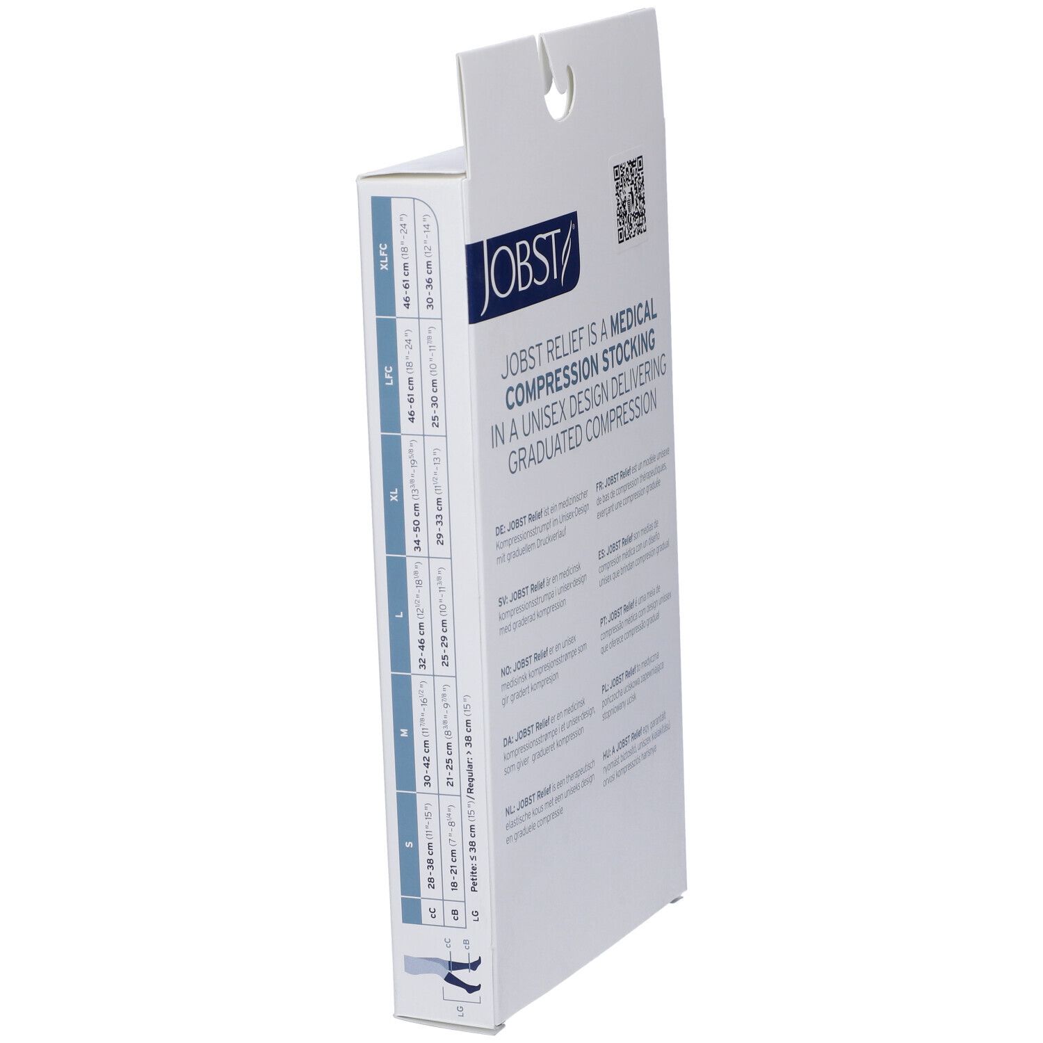 Lato confezione JOBST Relief. Informazioni taglie e testo. Calze compressive mediche.