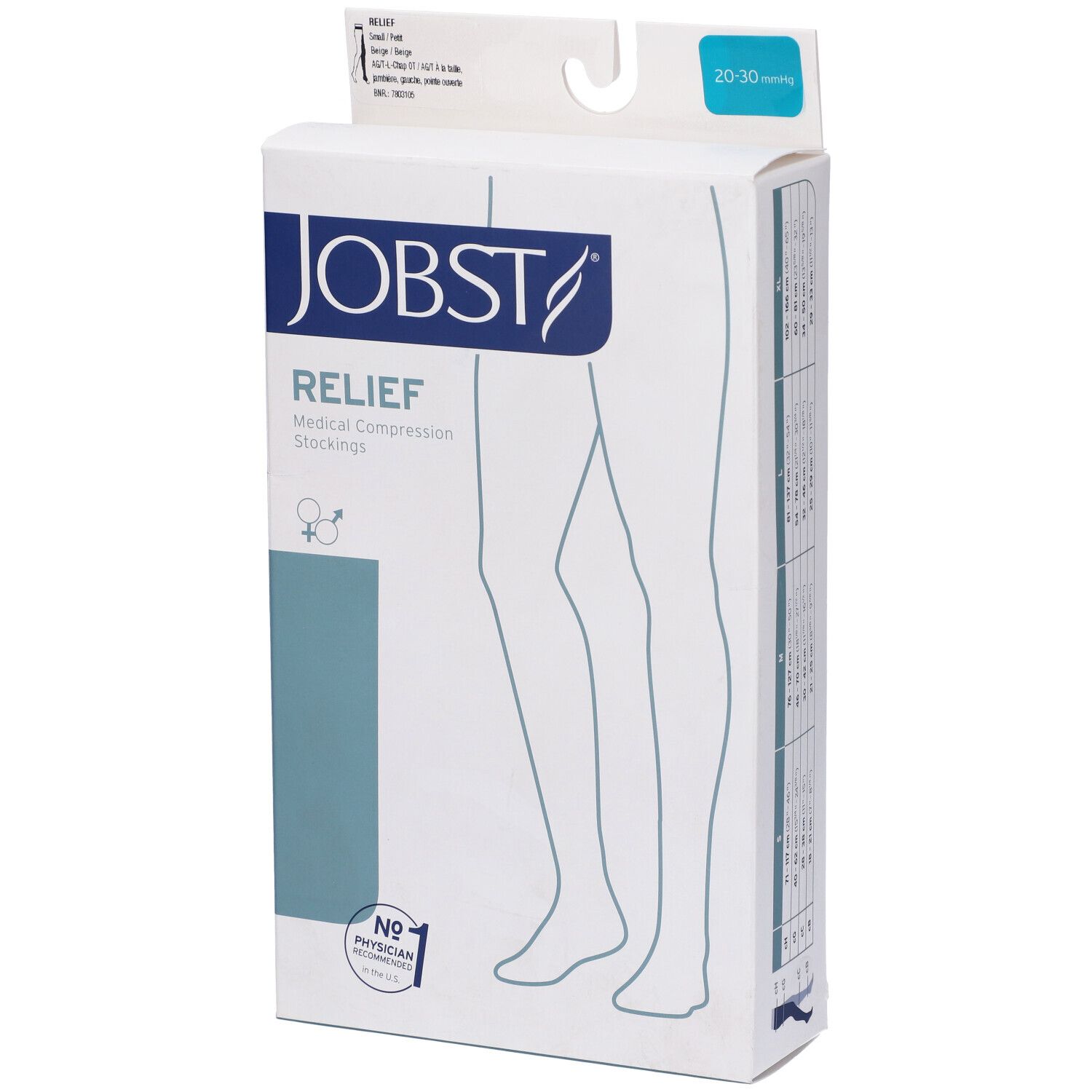 Confezione calza compressiva JOBST Relief. Dispositivo medico. Compressione 20-30 mmHg. Scritta: Nessun medico necessario.