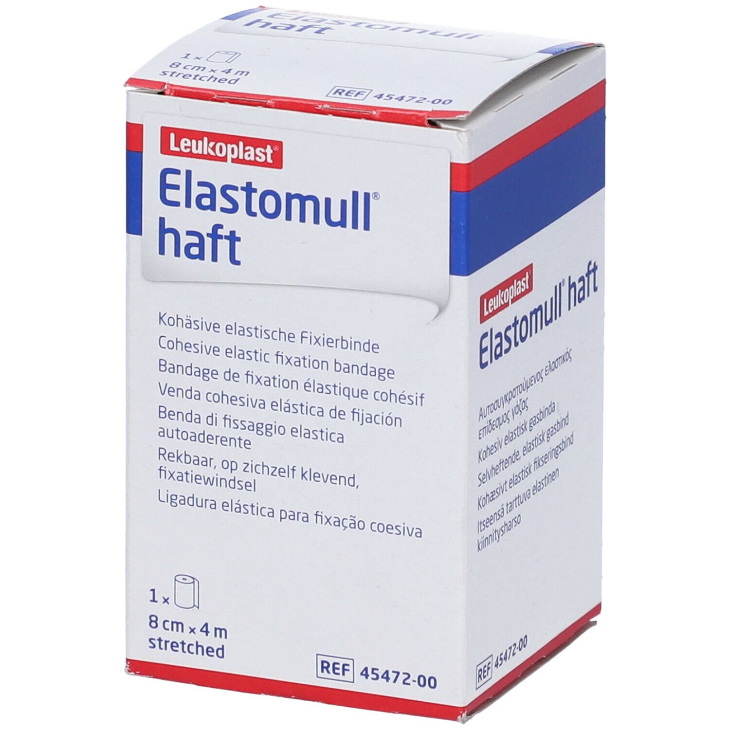 Confezione di Elastomull haft, 8cm x 4m. Marchio Leukoplast. Testo: Benda di fissaggio elastica.