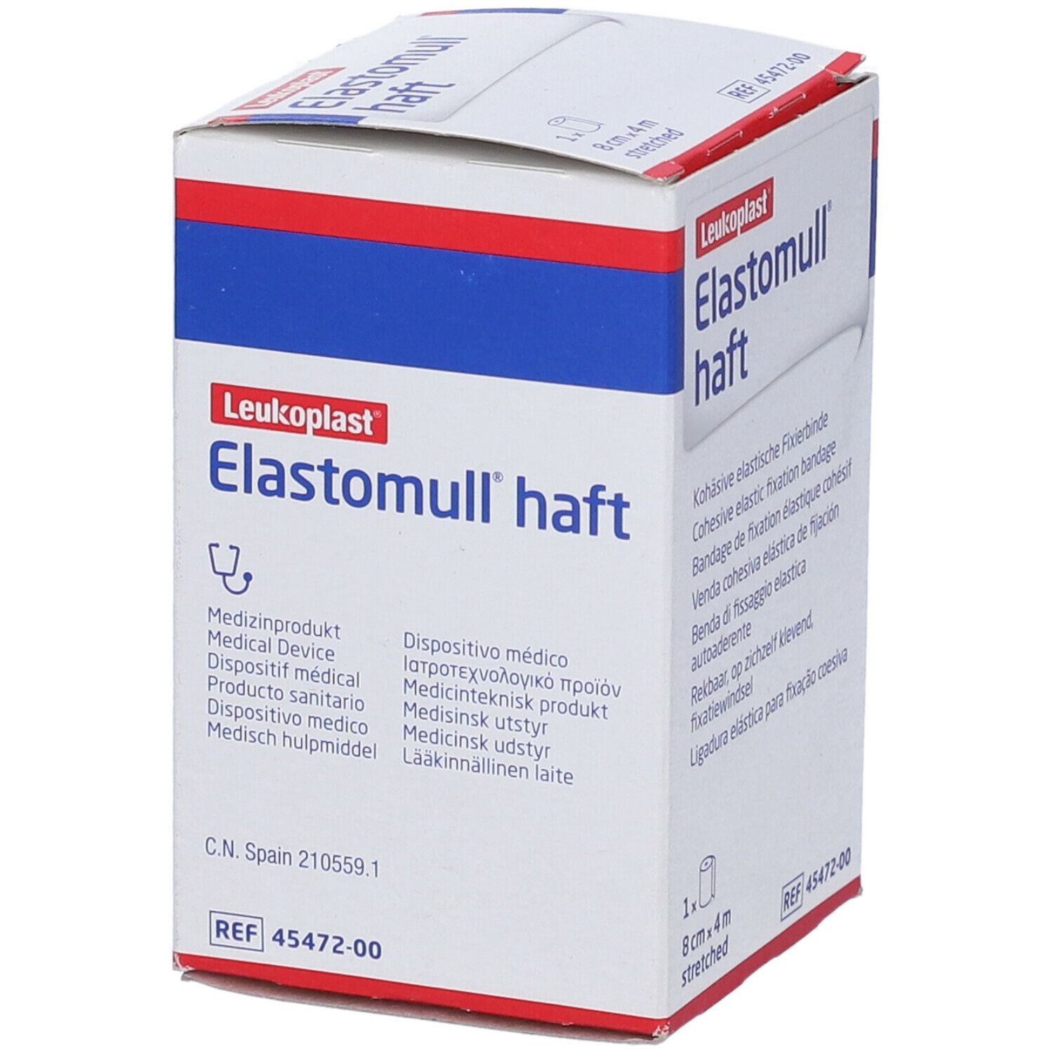 Confezione di Elastomull haft, 8cm x 4m. Marchio Leukoplast. Dispositivo medico. Testo multilingue.