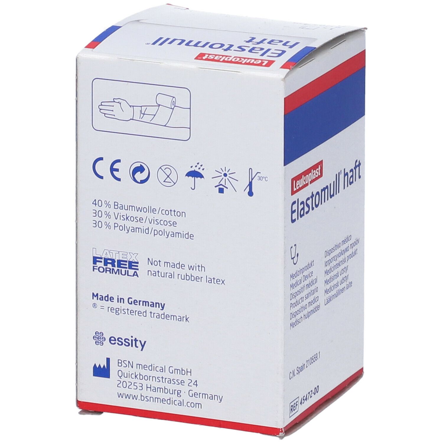 Retro della confezione Elastomull haft. Ingredienti: cotone, viscosa, poliammide. Senza lattice.